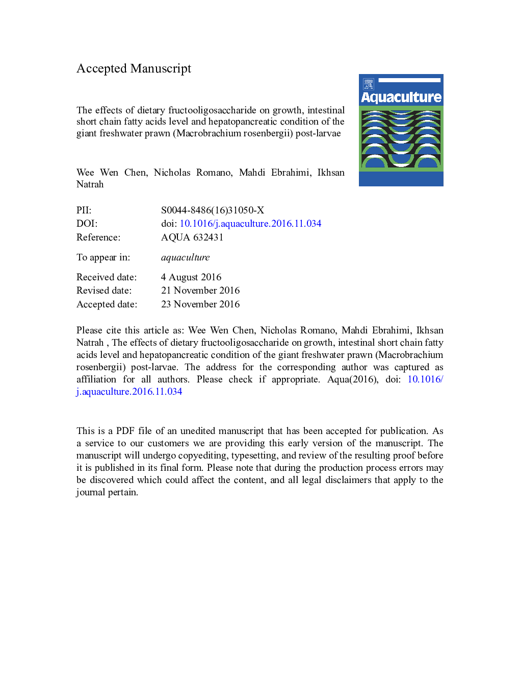 The effects of dietary fructooligosaccharide on growth, intestinal short chain fatty acids level and hepatopancreatic condition of the giant freshwater prawn (Macrobrachium rosenbergii) post-larvae