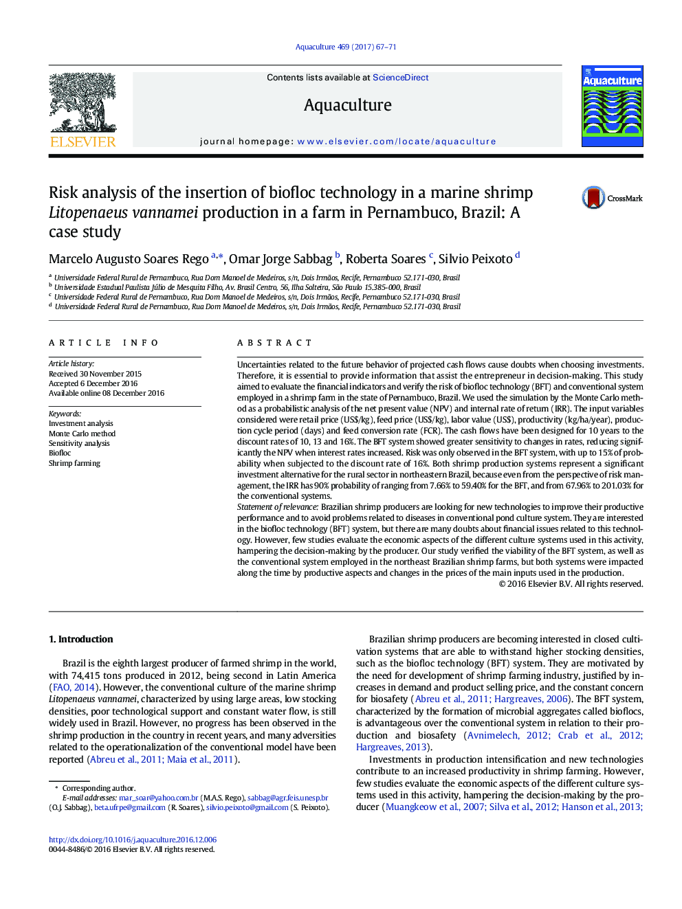 Risk analysis of the insertion of biofloc technology in a marine shrimp Litopenaeus vannamei production in a farm in Pernambuco, Brazil: A case study