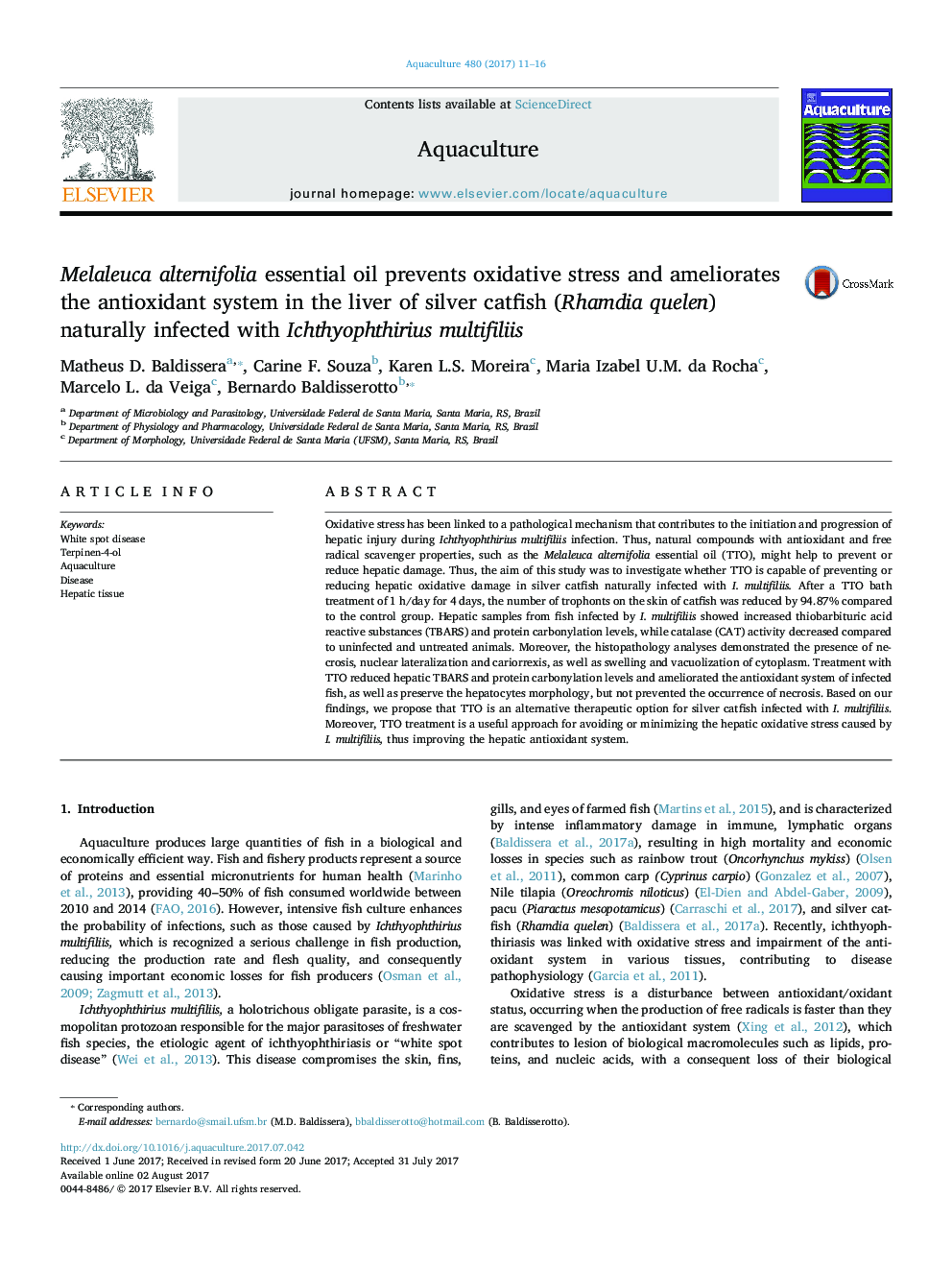 Melaleuca alternifolia essential oil prevents oxidative stress and ameliorates the antioxidant system in the liver of silver catfish (Rhamdia quelen) naturally infected with Ichthyophthirius multifiliis