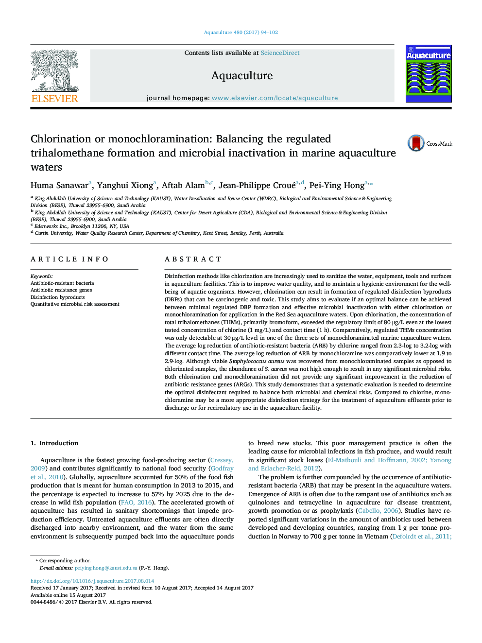 Chlorination or monochloramination: Balancing the regulated trihalomethane formation and microbial inactivation in marine aquaculture waters