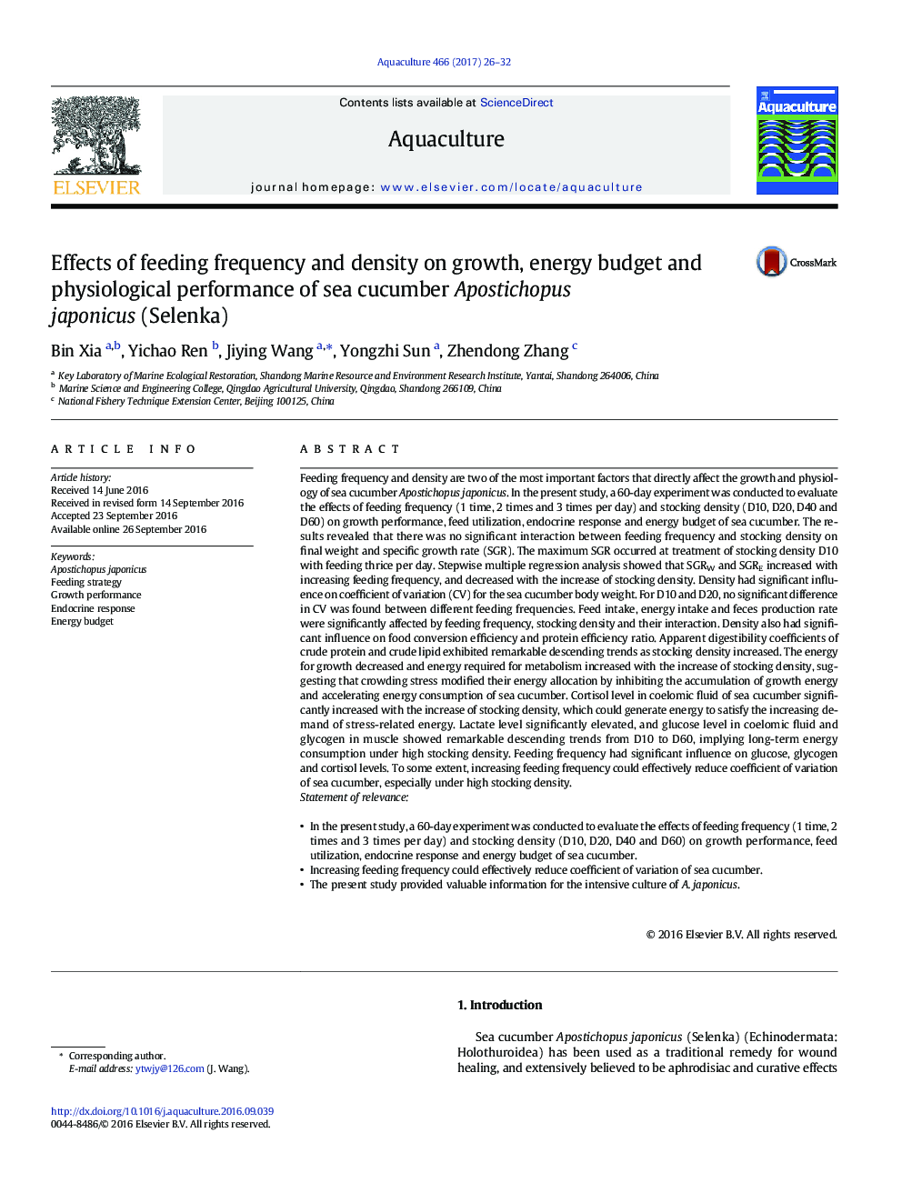 Effects of feeding frequency and density on growth, energy budget and physiological performance of sea cucumber Apostichopus japonicus (Selenka)