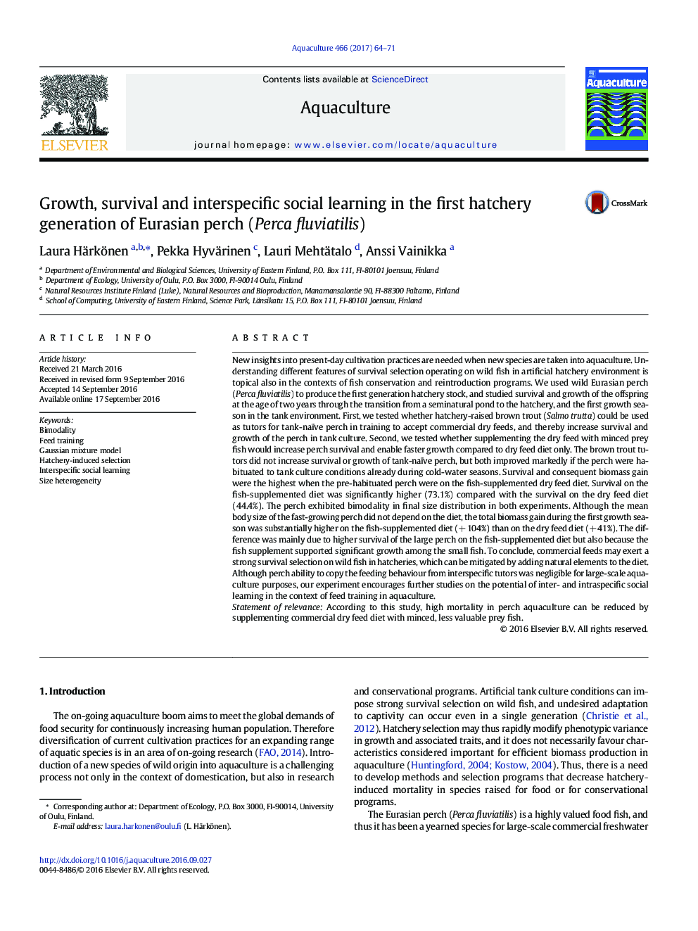 Growth, survival and interspecific social learning in the first hatchery generation of Eurasian perch (Perca fluviatilis)