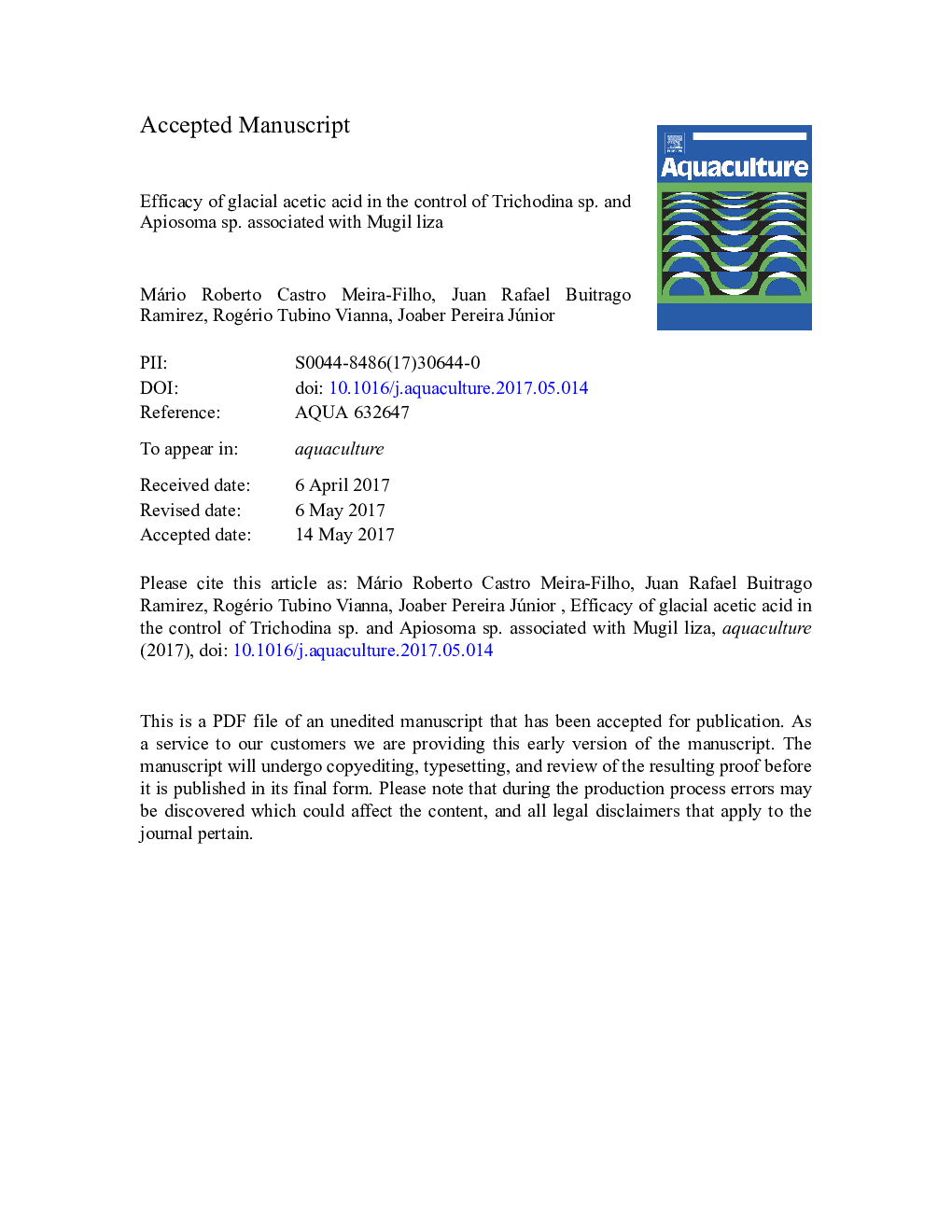 Efficacy of glacial acetic acid in the control of Trichodina sp. and Apiosoma sp. associated with Mugil liza