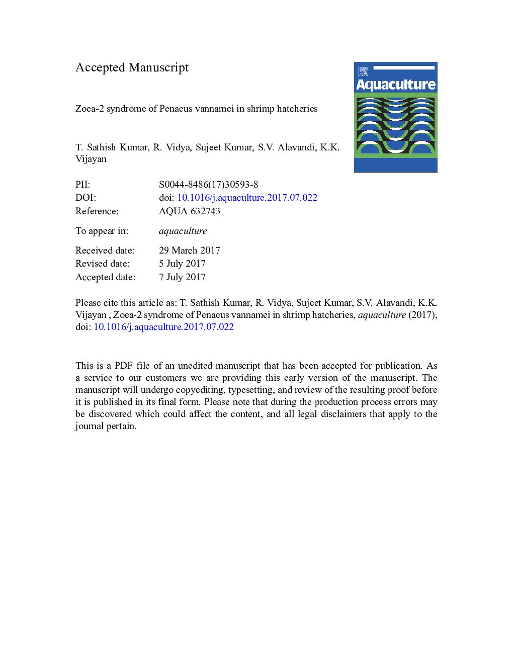 Zoea-2 syndrome of Penaeus vannamei in shrimp hatcheries