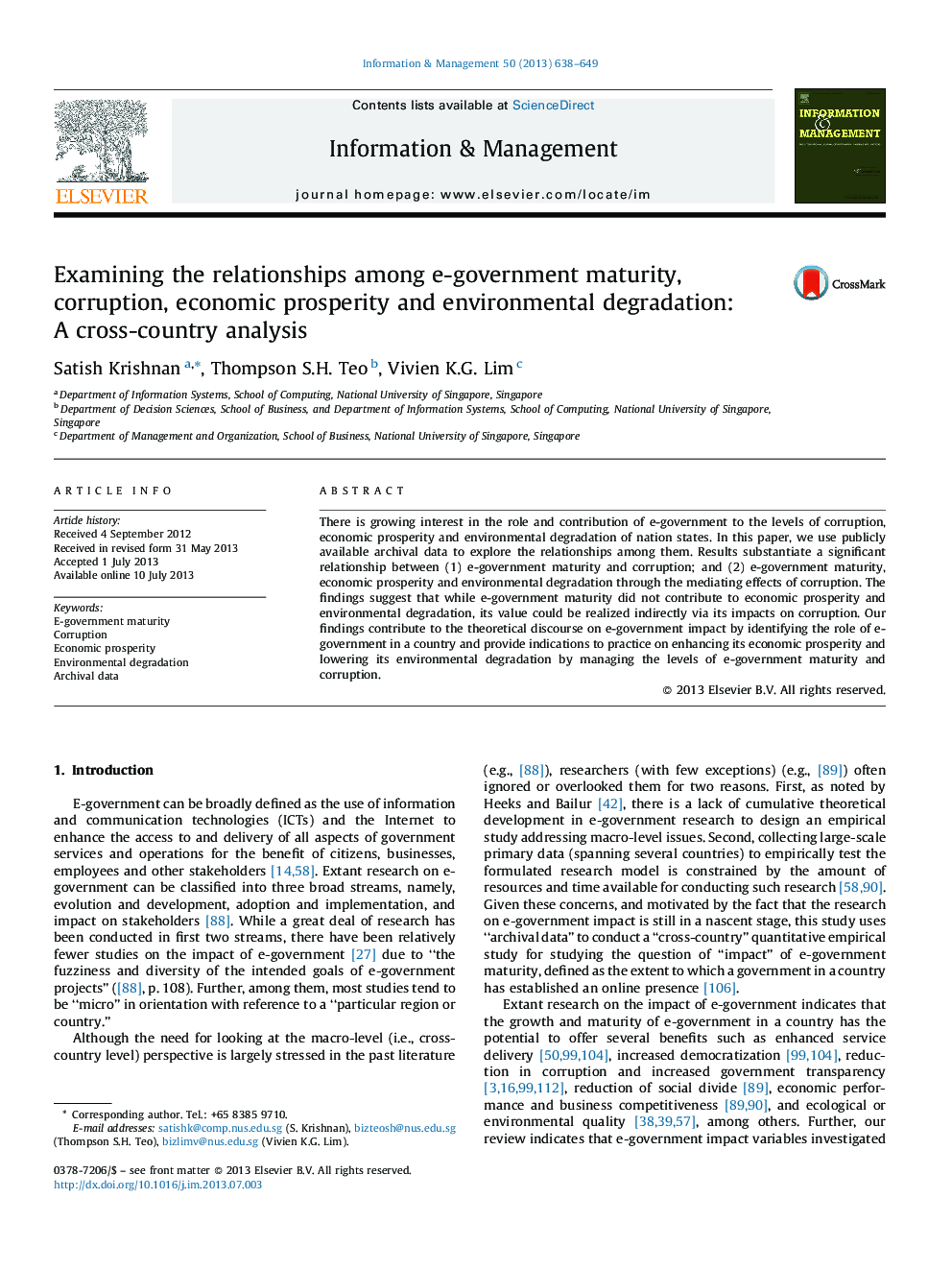 Examining the relationships among e-government maturity, corruption, economic prosperity and environmental degradation: A cross-country analysis