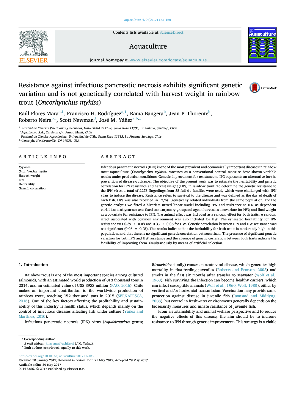 Resistance against infectious pancreatic necrosis exhibits significant genetic variation and is not genetically correlated with harvest weight in rainbow trout (Oncorhynchus mykiss)