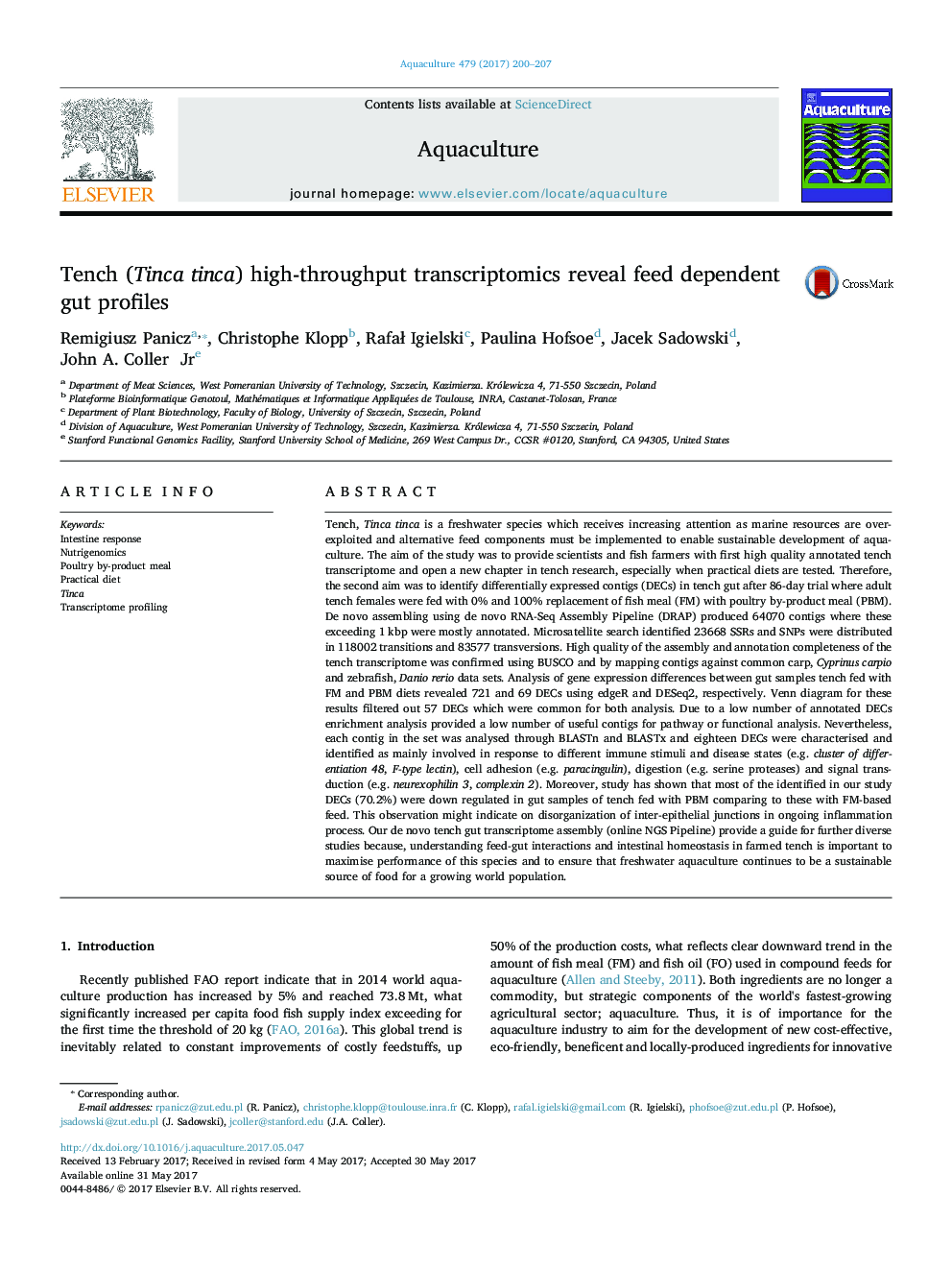 Tench (Tincatinca) high-throughput transcriptomics reveal feed dependent gut profiles