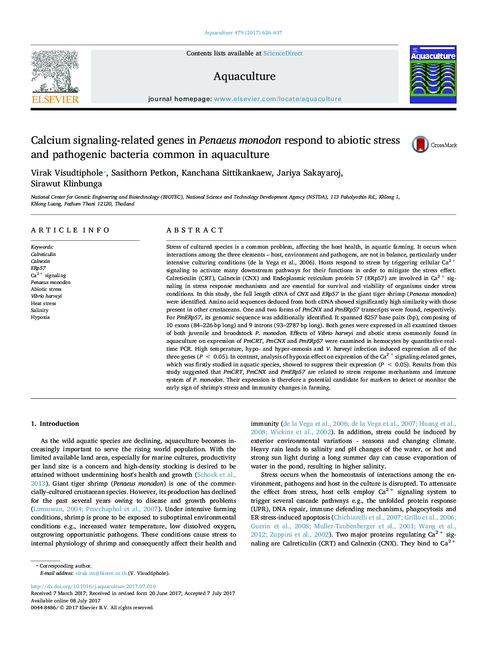 Calcium signaling-related genes in Penaeus monodon respond to abiotic stress and pathogenic bacteria common in aquaculture