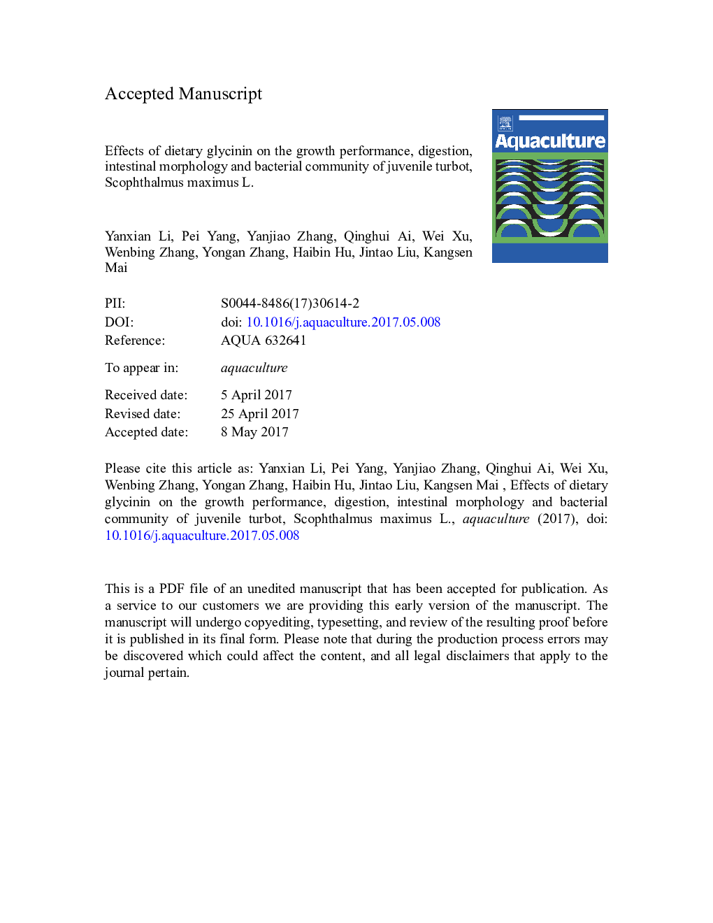 Effects of dietary glycinin on the growth performance, digestion, intestinal morphology and bacterial community of juvenile turbot, Scophthalmus maximus L.