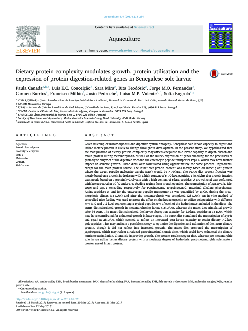 Dietary protein complexity modulates growth, protein utilisation and the expression of protein digestion-related genes in Senegalese sole larvae