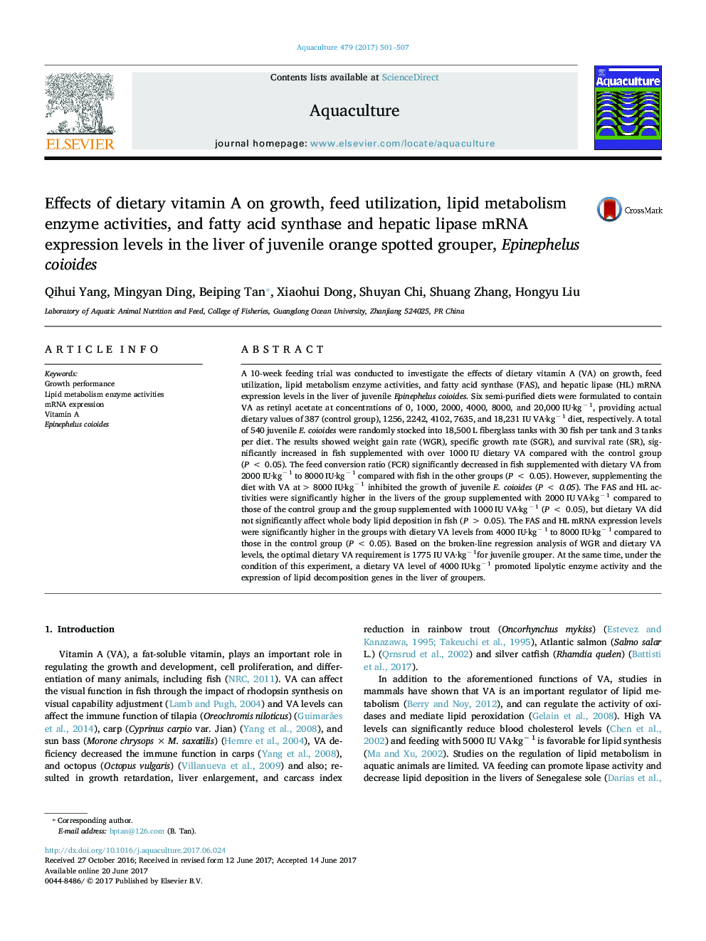 Effects of dietary vitamin A on growth, feed utilization, lipid metabolism enzyme activities, and fatty acid synthase and hepatic lipase mRNA expression levels in the liver of juvenile orange spotted grouper, Epinephelus coioides