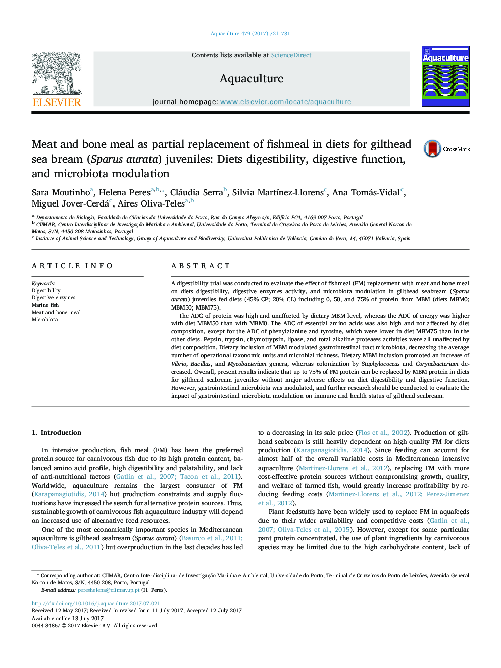 Meat and bone meal as partial replacement of fishmeal in diets for gilthead sea bream (Sparus aurata) juveniles: Diets digestibility, digestive function, and microbiota modulation