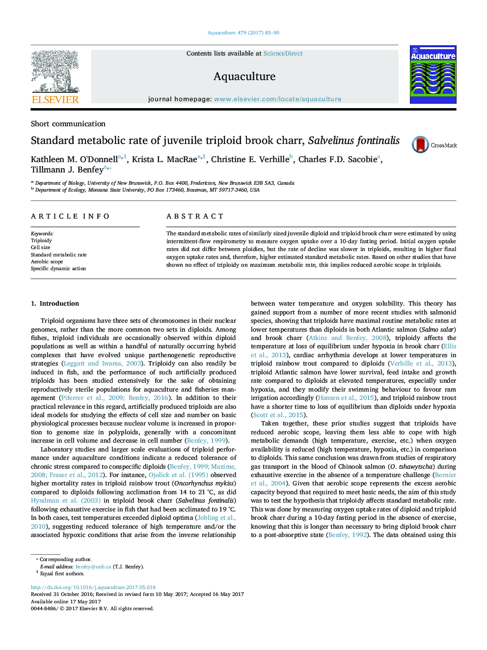 Standard metabolic rate of juvenile triploid brook charr, Salvelinus fontinalis