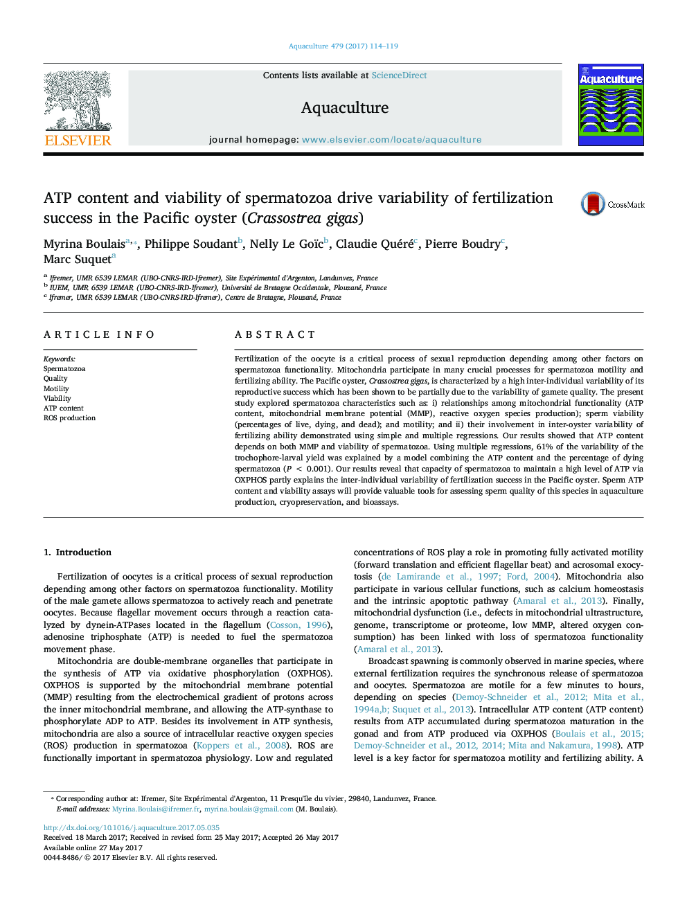 ATP content and viability of spermatozoa drive variability of fertilization success in the Pacific oyster (Crassostrea gigas)