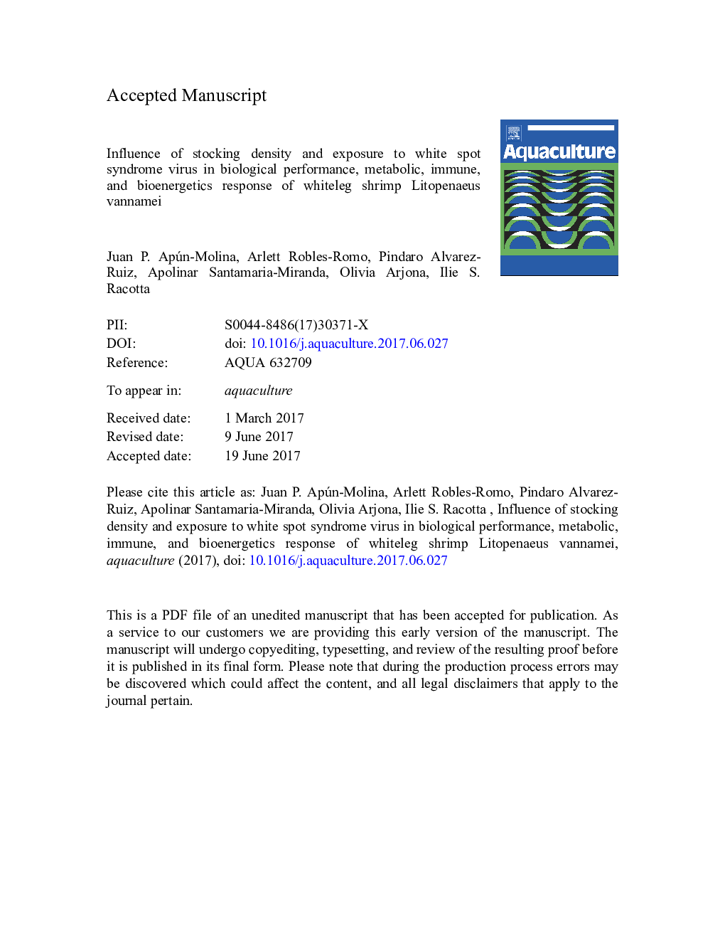 Influence of stocking density and exposure to white spot syndrome virus in biological performance, metabolic, immune, and bioenergetics response of whiteleg shrimp Litopenaeus vannamei