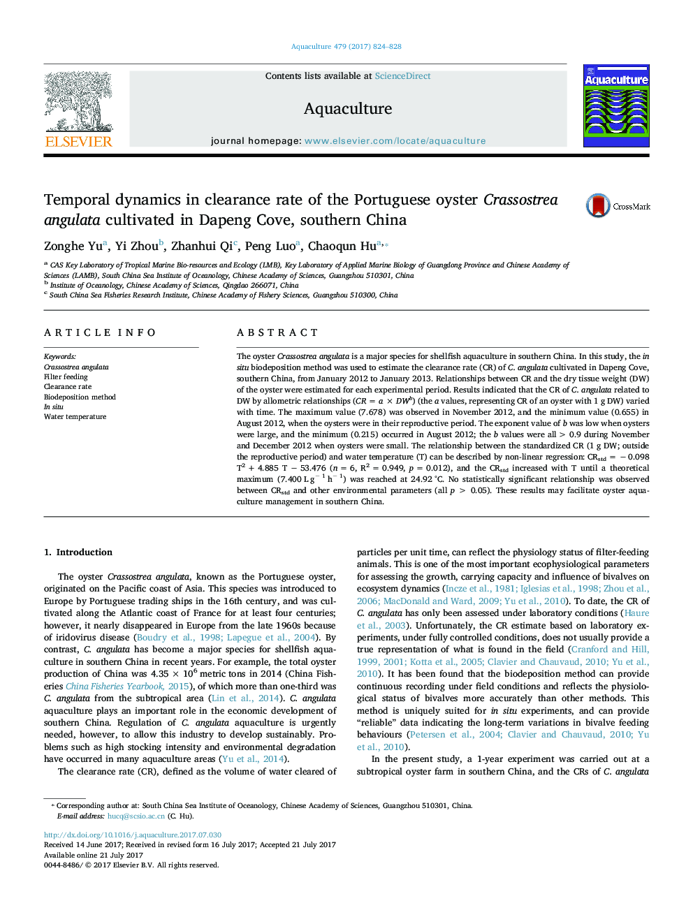 Temporal dynamics in clearance rate of the Portuguese oyster Crassostrea angulata cultivated in Dapeng Cove, southern China