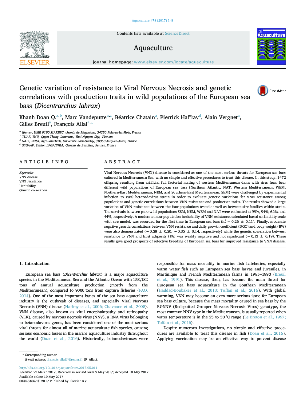 Genetic variation of resistance to Viral Nervous Necrosis and genetic correlations with production traits in wild populations of the European sea bass (Dicentrarchus labrax)