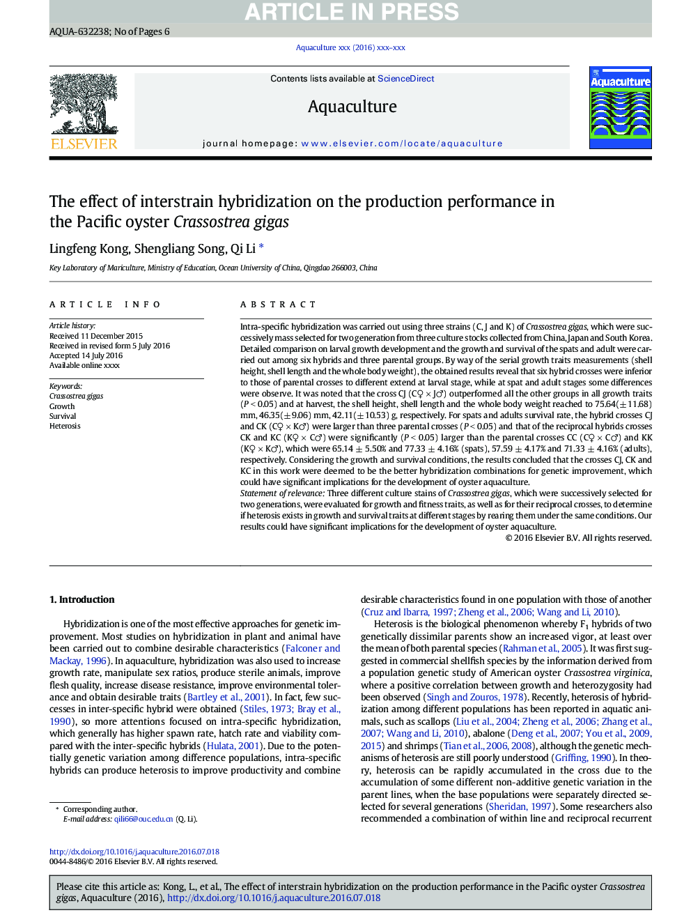 عکس صفحه اول مقاله: The effect of interstrain hybridization on the production performance in the Pacific oyster Crassostrea gigas The effect of interstrain hybridization on the production performance in the Pacific oyster Crassostrea gigas
