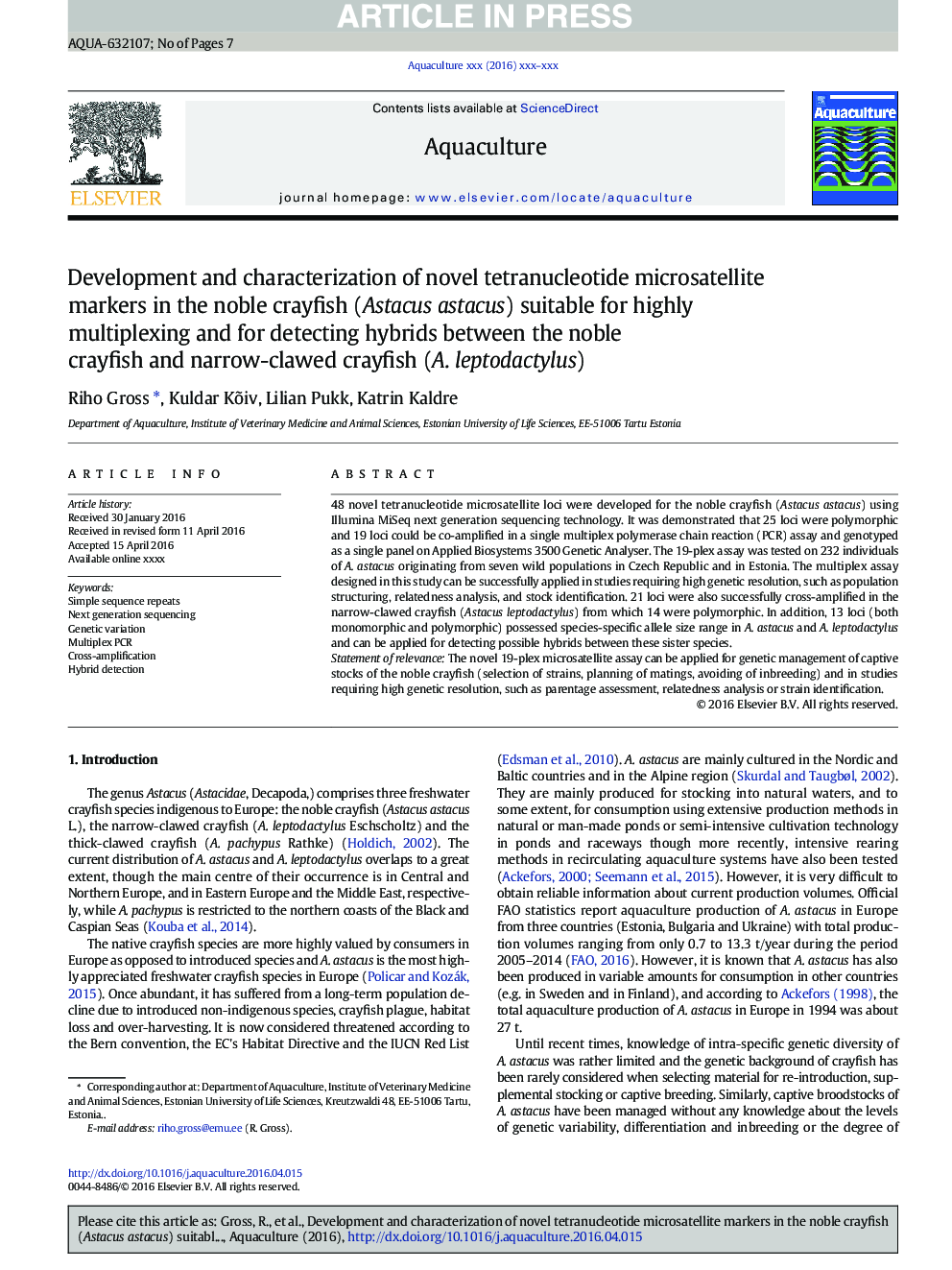 Development and characterization of novel tetranucleotide microsatellite markers in the noble crayfish (Astacus astacus) suitable for highly multiplexing and for detecting hybrids between the noble crayfish and narrow-clawed crayfish (A. leptodactylus)