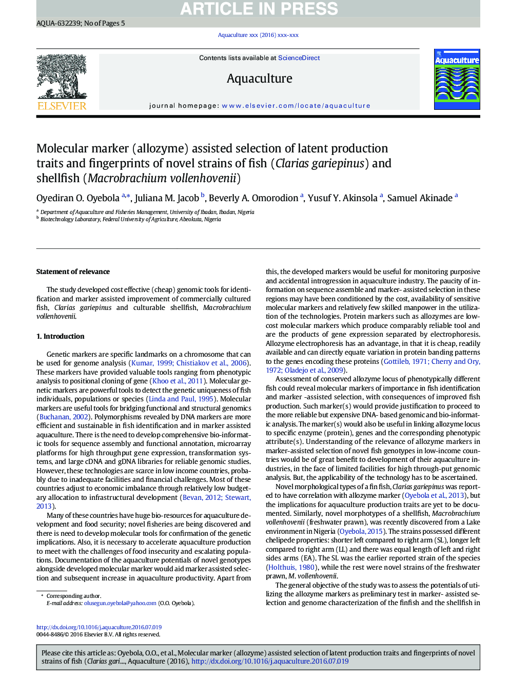Molecular marker (allozyme) assisted selection of latent production traits and fingerprints of novel strains of fish (Clarias gariepinus) and shellfish (Macrobrachium vollenhovenii)
