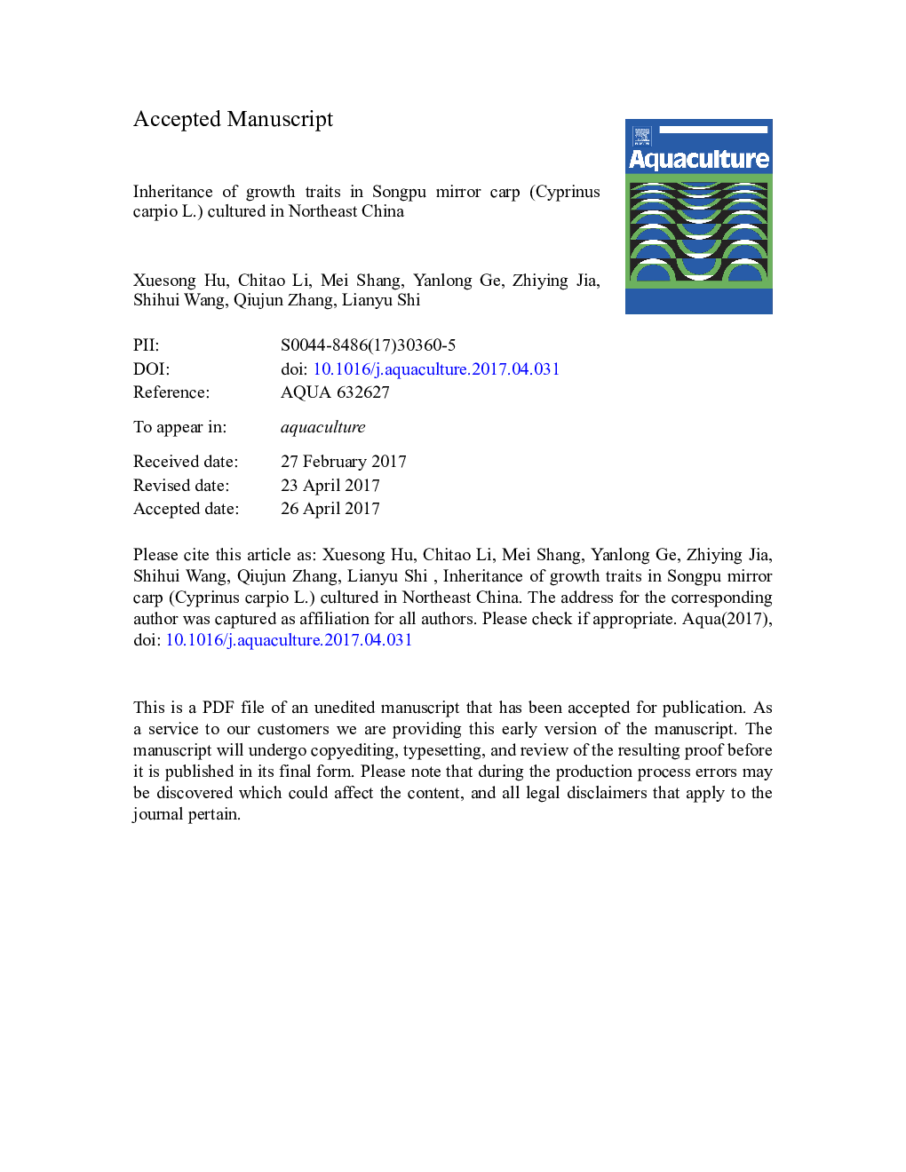 Inheritance of growth traits in Songpu mirror carp (Cyprinus carpio L.) cultured in Northeast China