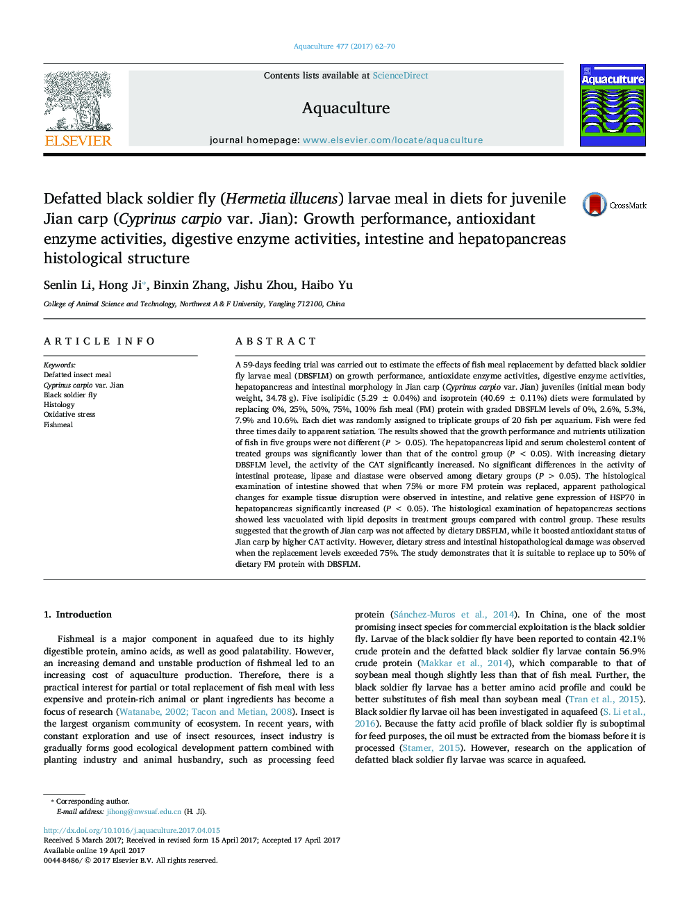 Defatted black soldier fly (Hermetia illucens) larvae meal in diets for juvenile Jian carp (Cyprinus carpio var. Jian): Growth performance, antioxidant enzyme activities, digestive enzyme activities, intestine and hepatopancreas histological structure