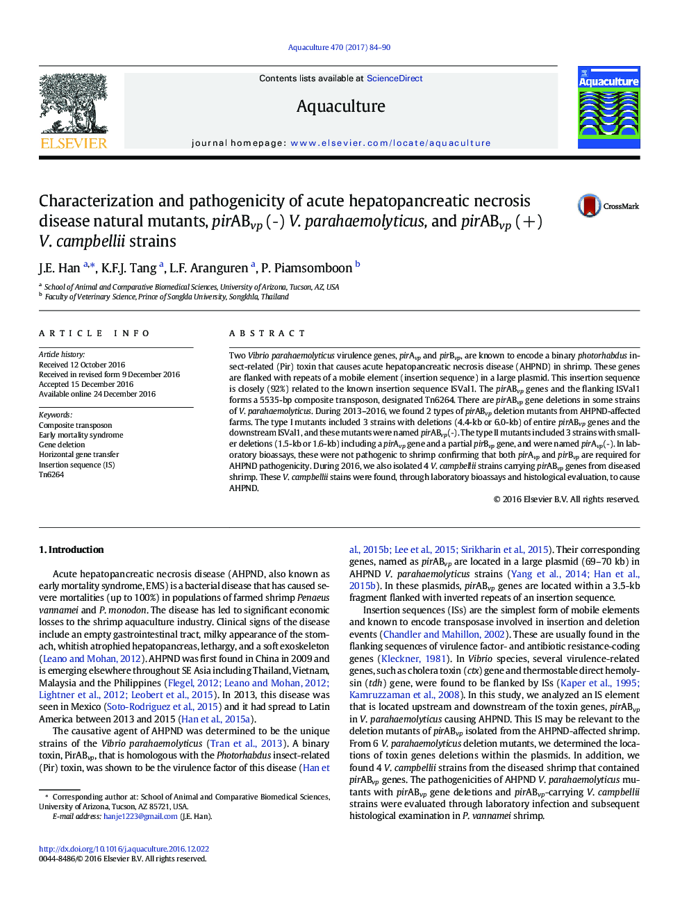 Characterization and pathogenicity of acute hepatopancreatic necrosis disease natural mutants, pirABvp (â) V. parahaemolyticus, and pirABvp (+) V. campbellii strains