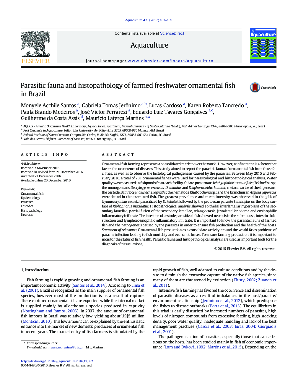 Parasitic fauna and histopathology of farmed freshwater ornamental fish in Brazil