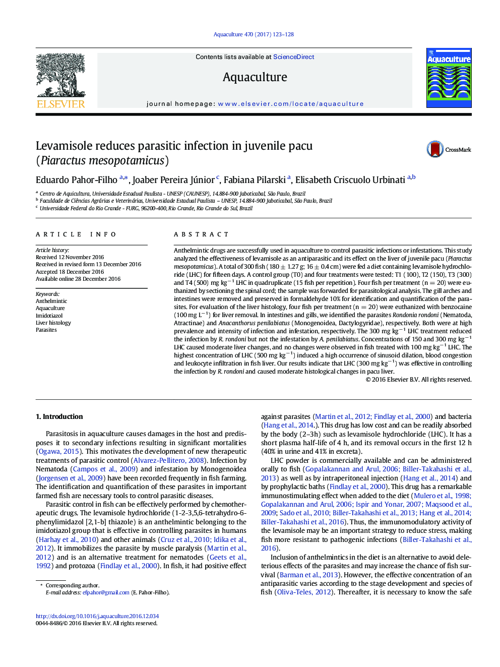 Levamisole reduces parasitic infection in juvenile pacu (Piaractus mesopotamicus)