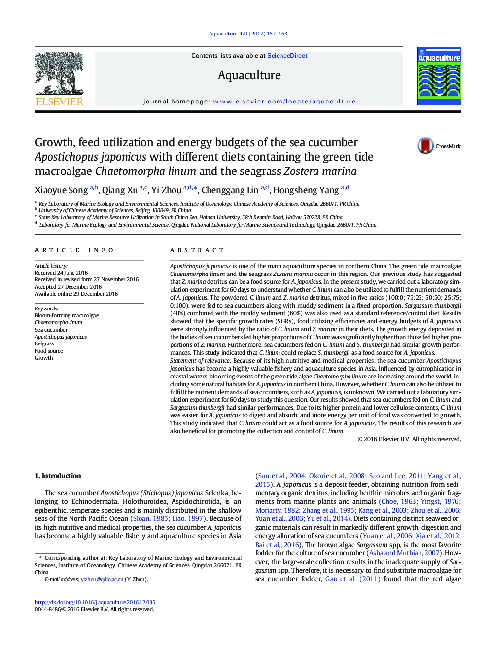 Growth, feed utilization and energy budgets of the sea cucumber Apostichopus japonicus with different diets containing the green tide macroalgae Chaetomorpha linum and the seagrass Zostera marina