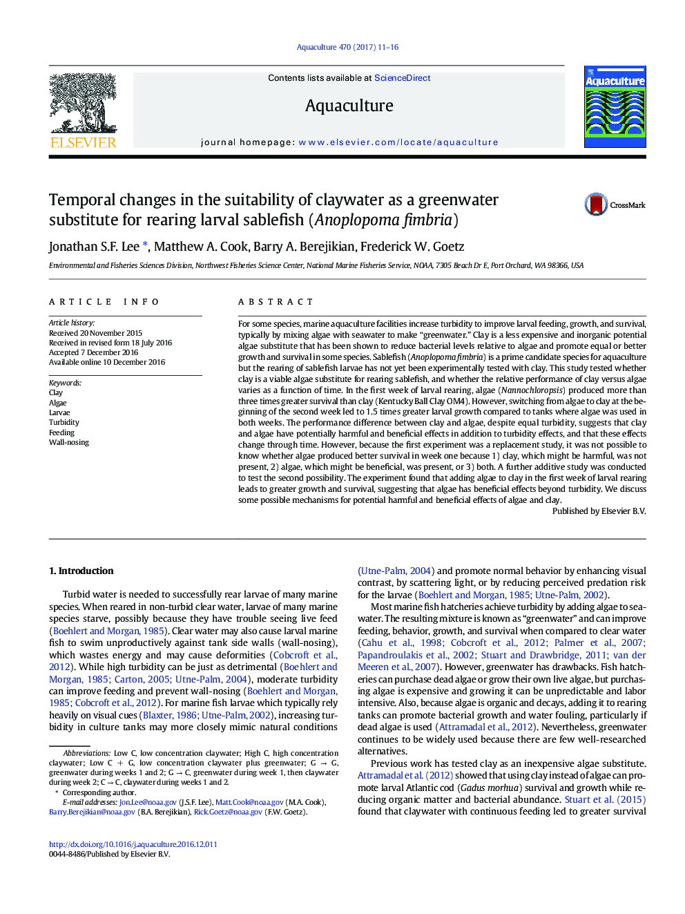 Temporal changes in the suitability of claywater as a greenwater substitute for rearing larval sablefish (Anoplopoma fimbria)