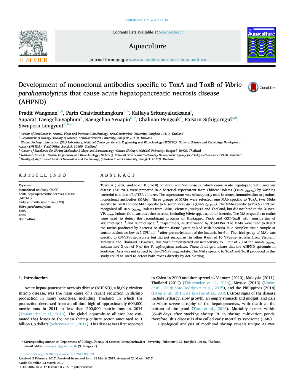 Development of monoclonal antibodies specific to ToxA and ToxB of Vibrio parahaemolyticus that cause acute hepatopancreatic necrosis disease (AHPND)