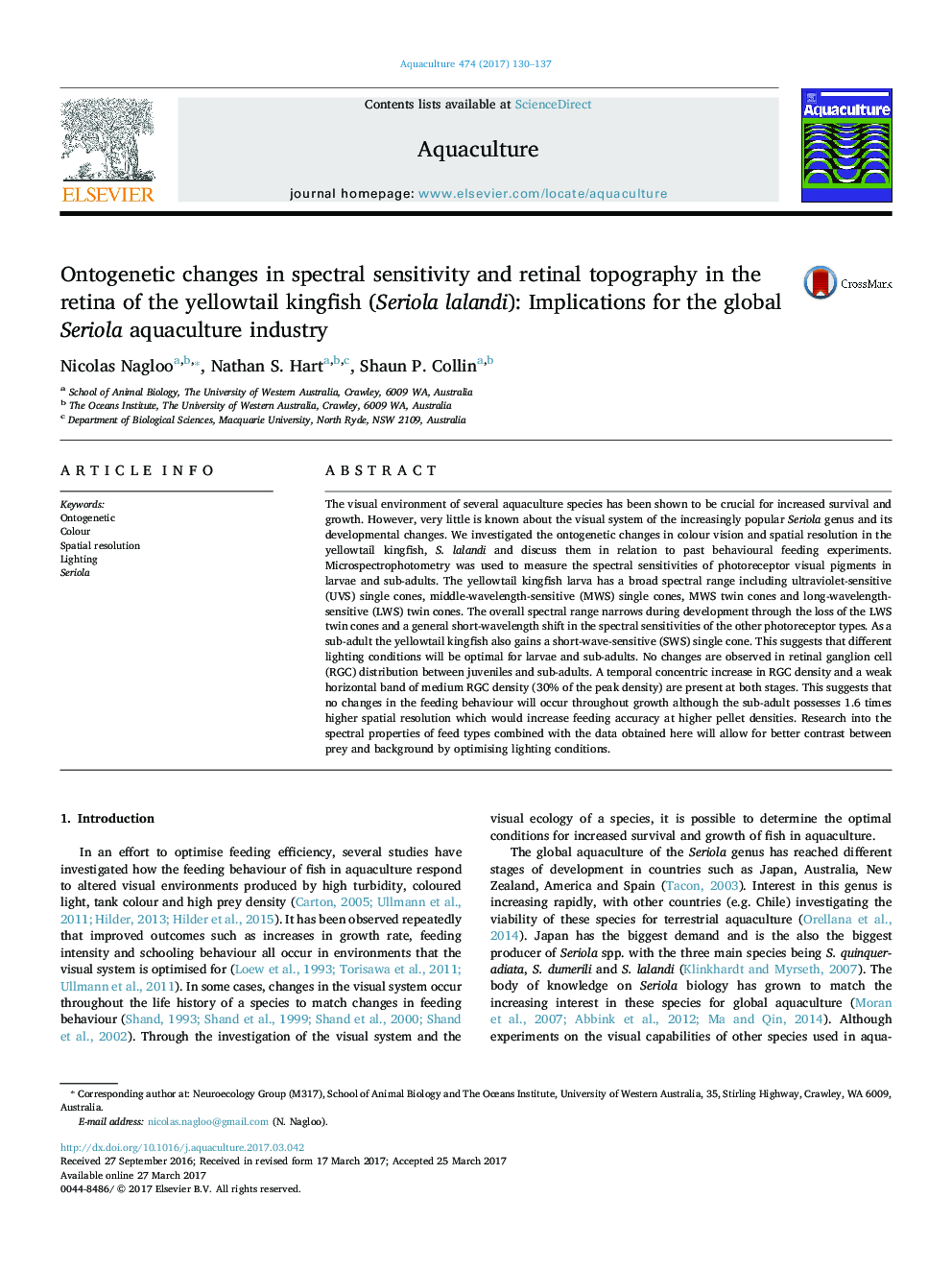 Ontogenetic changes in spectral sensitivity and retinal topography in the retina of the yellowtail kingfish (Seriola lalandi): Implications for the global Seriola aquaculture industry