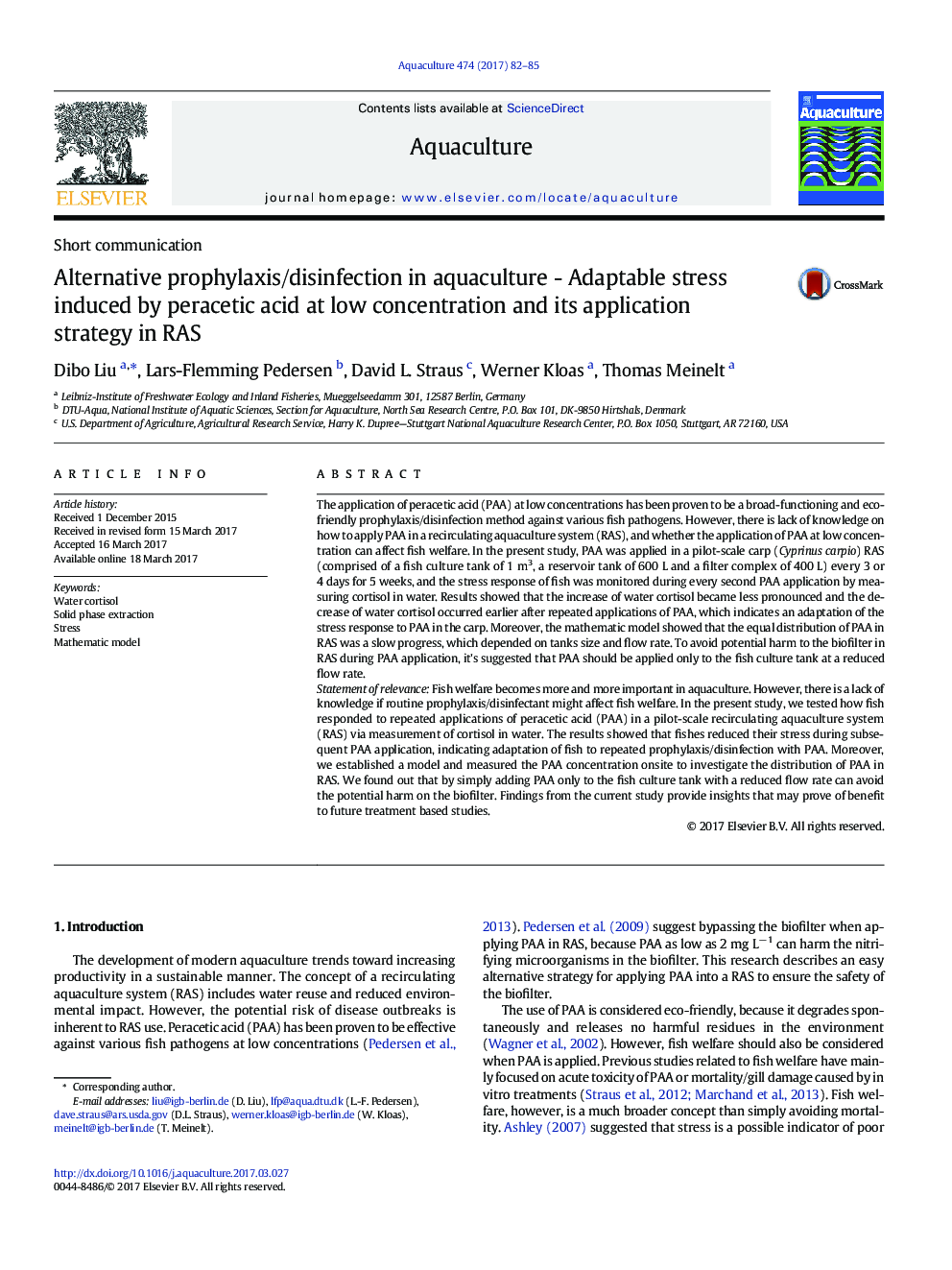 Alternative prophylaxis/disinfection in aquaculture - Adaptable stress induced by peracetic acid at low concentration and its application strategy in RAS