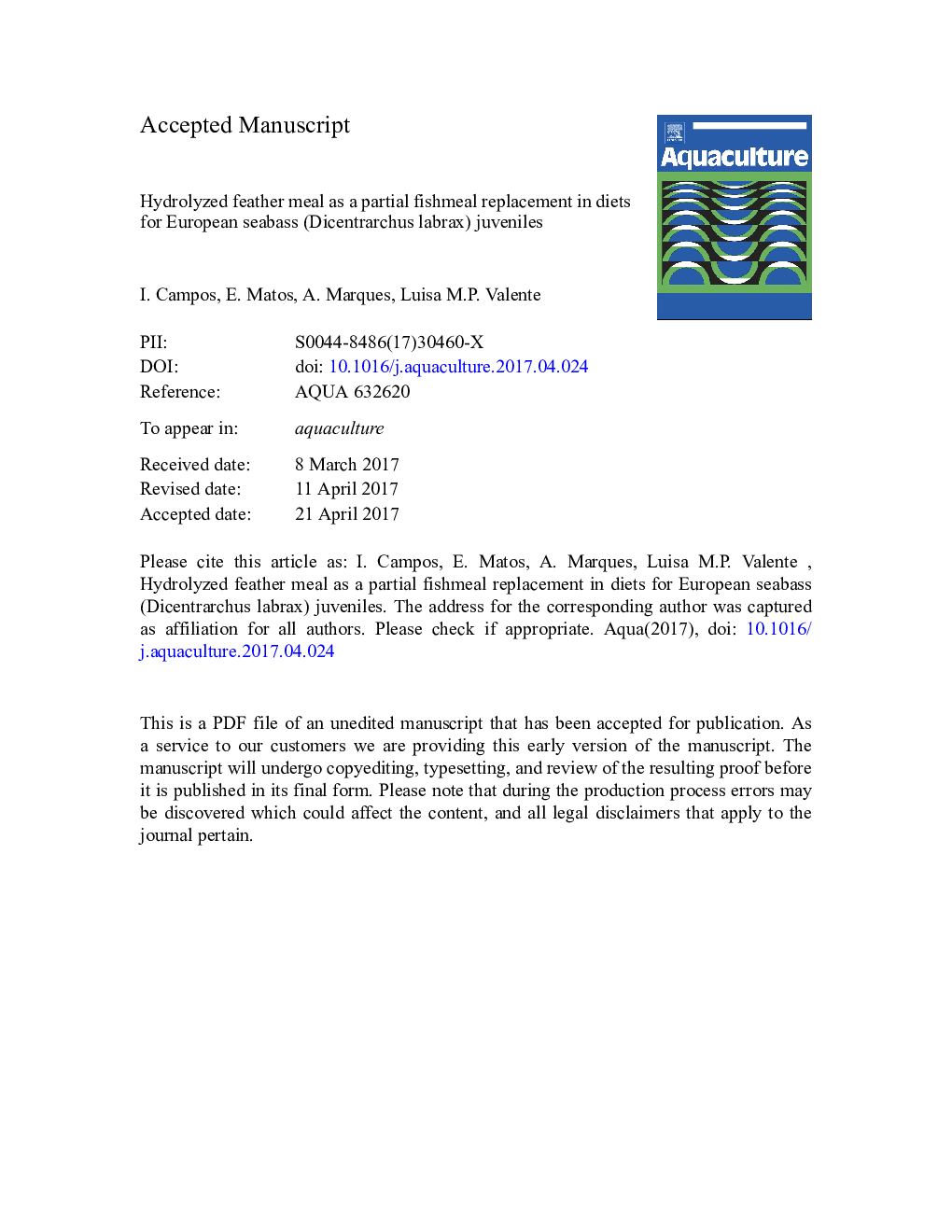 Hydrolyzed feather meal as a partial fishmeal replacement in diets for European seabass (Dicentrarchus labrax) juveniles