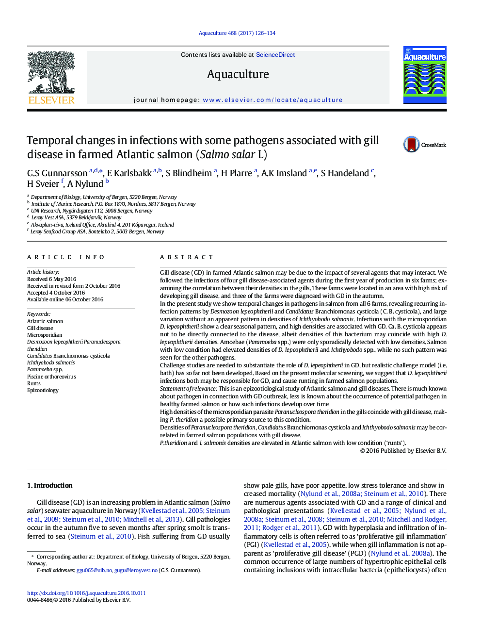 Temporal changes in infections with some pathogens associated with gill disease in farmed Atlantic salmon (Salmo salar L)