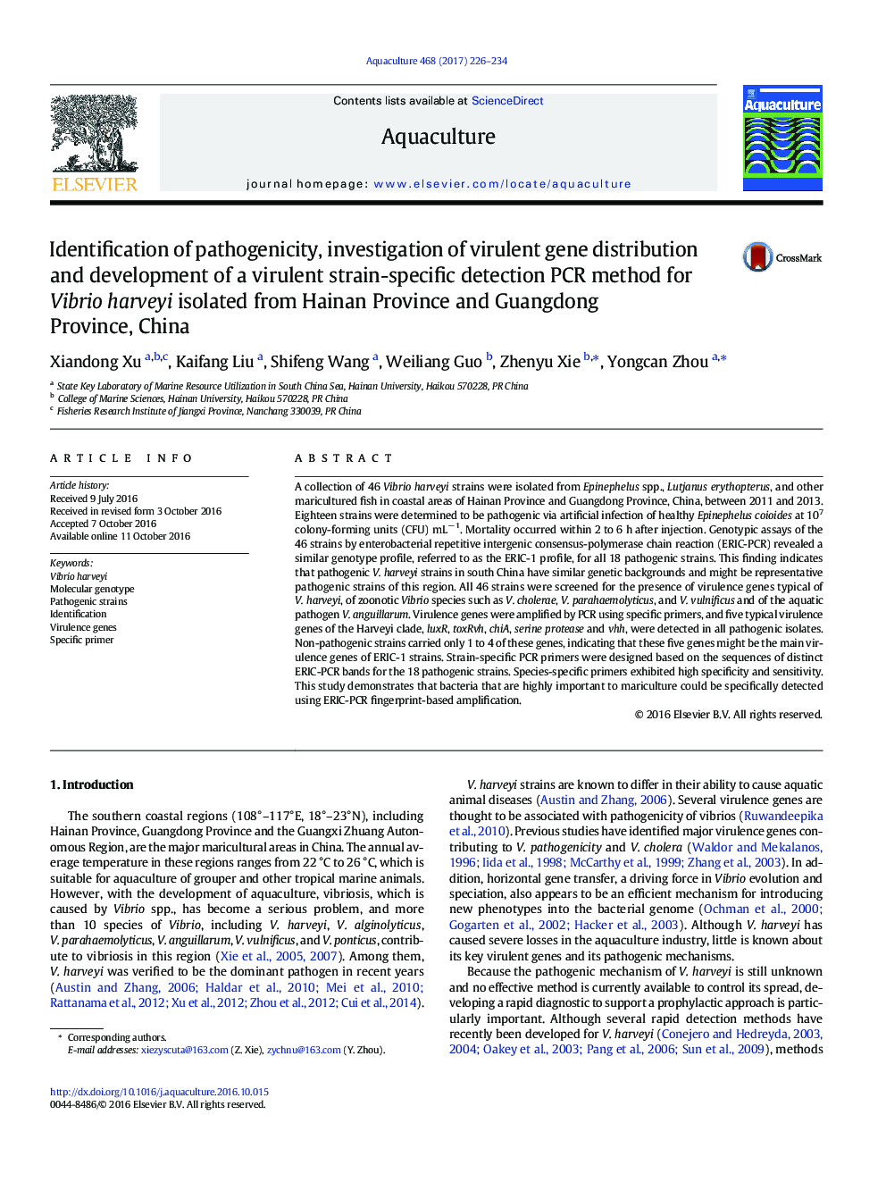 Identification of pathogenicity, investigation of virulent gene distribution and development of a virulent strain-specific detection PCR method for Vibrio harveyi isolated from Hainan Province and Guangdong Province, China