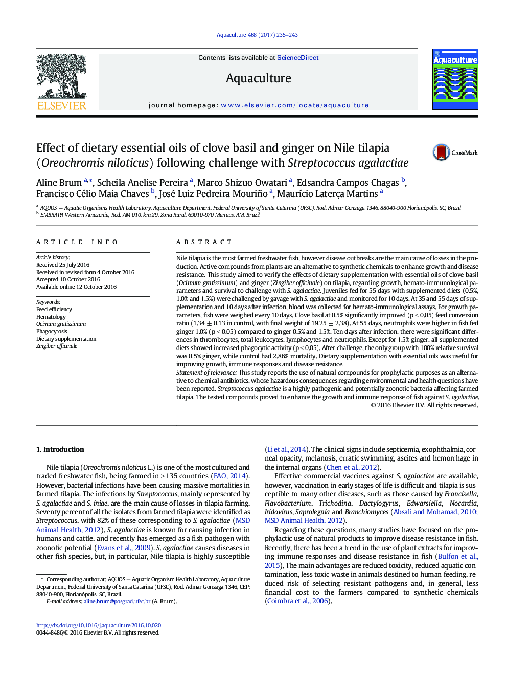 Effect of dietary essential oils of clove basil and ginger on Nile tilapia (Oreochromis niloticus) following challenge with Streptococcus agalactiae