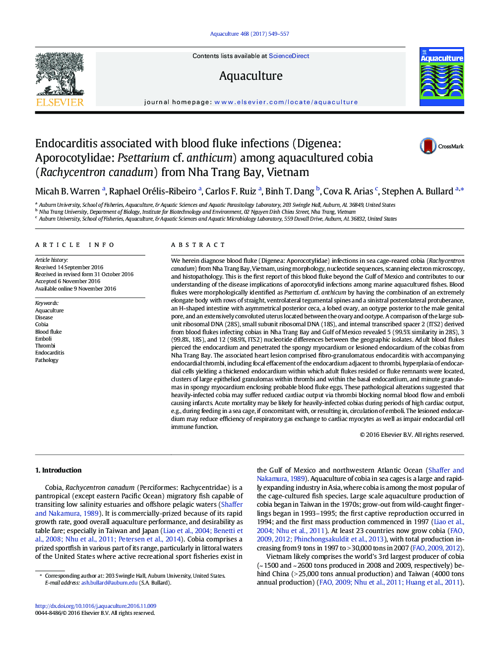 Endocarditis associated with blood fluke infections (Digenea: Aporocotylidae: Psettarium cf. anthicum) among aquacultured cobia (Rachycentron canadum) from Nha Trang Bay, Vietnam