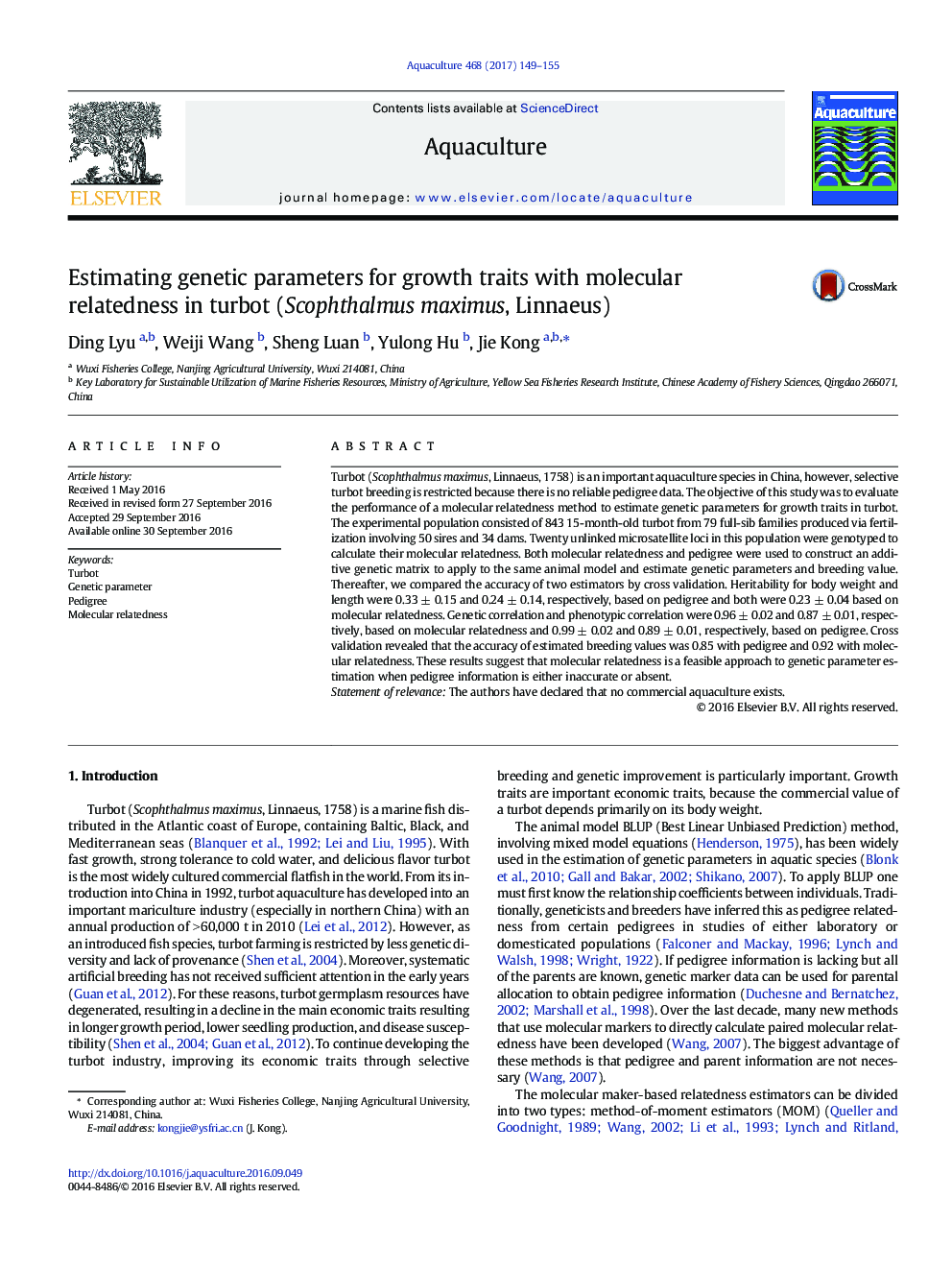 Estimating genetic parameters for growth traits with molecular relatedness in turbot (Scophthalmus maximus, Linnaeus)