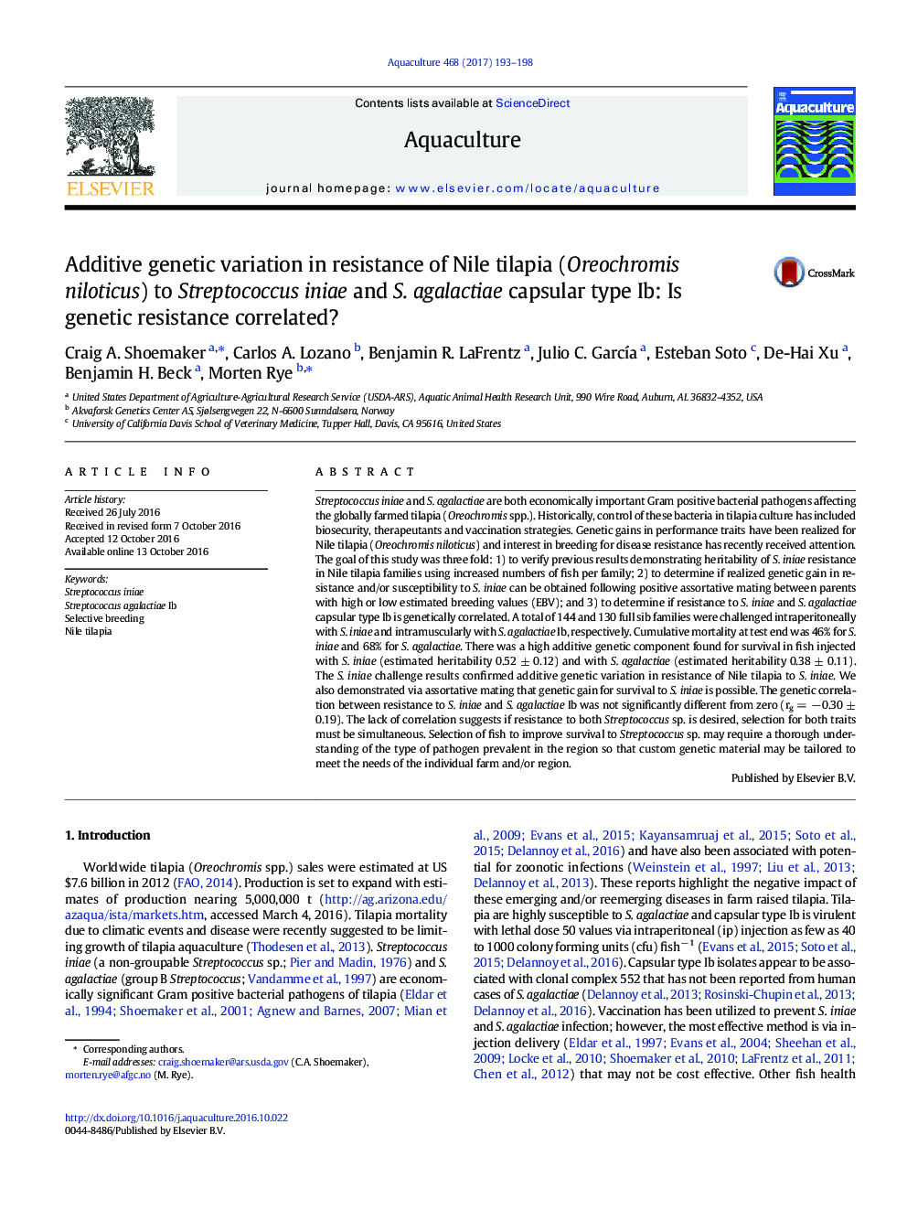 Additive genetic variation in resistance of Nile tilapia (Oreochromis niloticus) to Streptococcus iniae and S. agalactiae capsular type Ib: Is genetic resistance correlated?