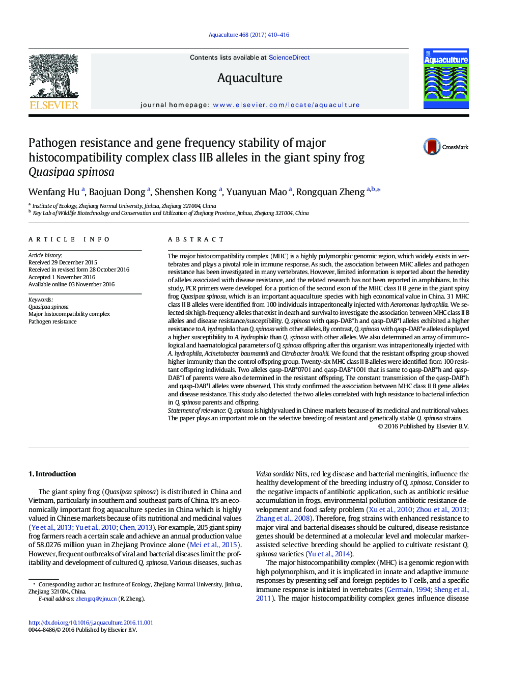 Pathogen resistance and gene frequency stability of major histocompatibility complex class IIB alleles in the giant spiny frog Quasipaa spinosa