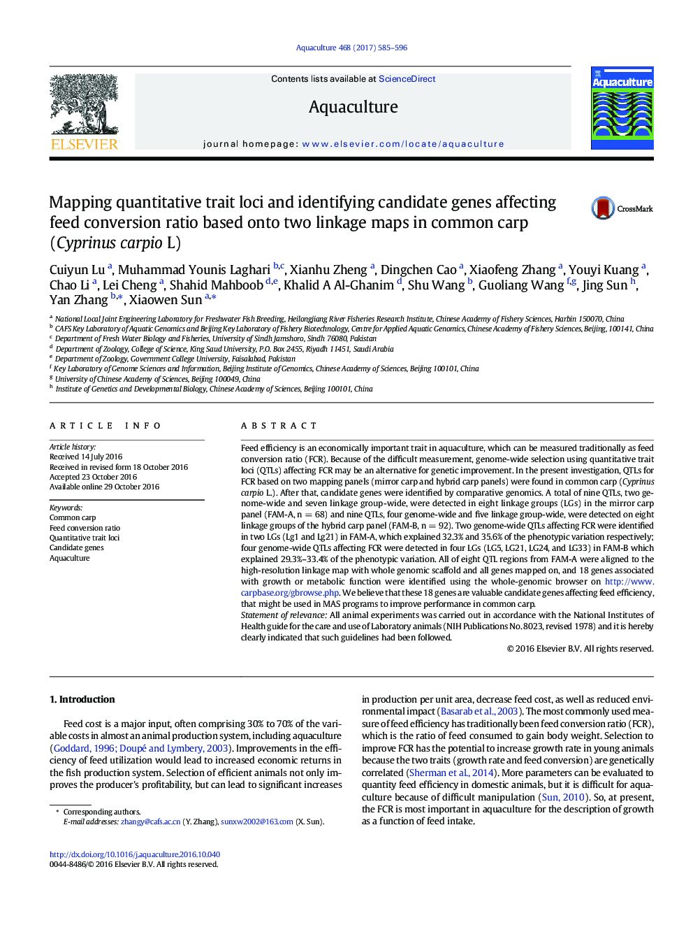 Mapping quantitative trait loci and identifying candidate genes affecting feed conversion ratio based onto two linkage maps in common carp (Cyprinus carpio L)