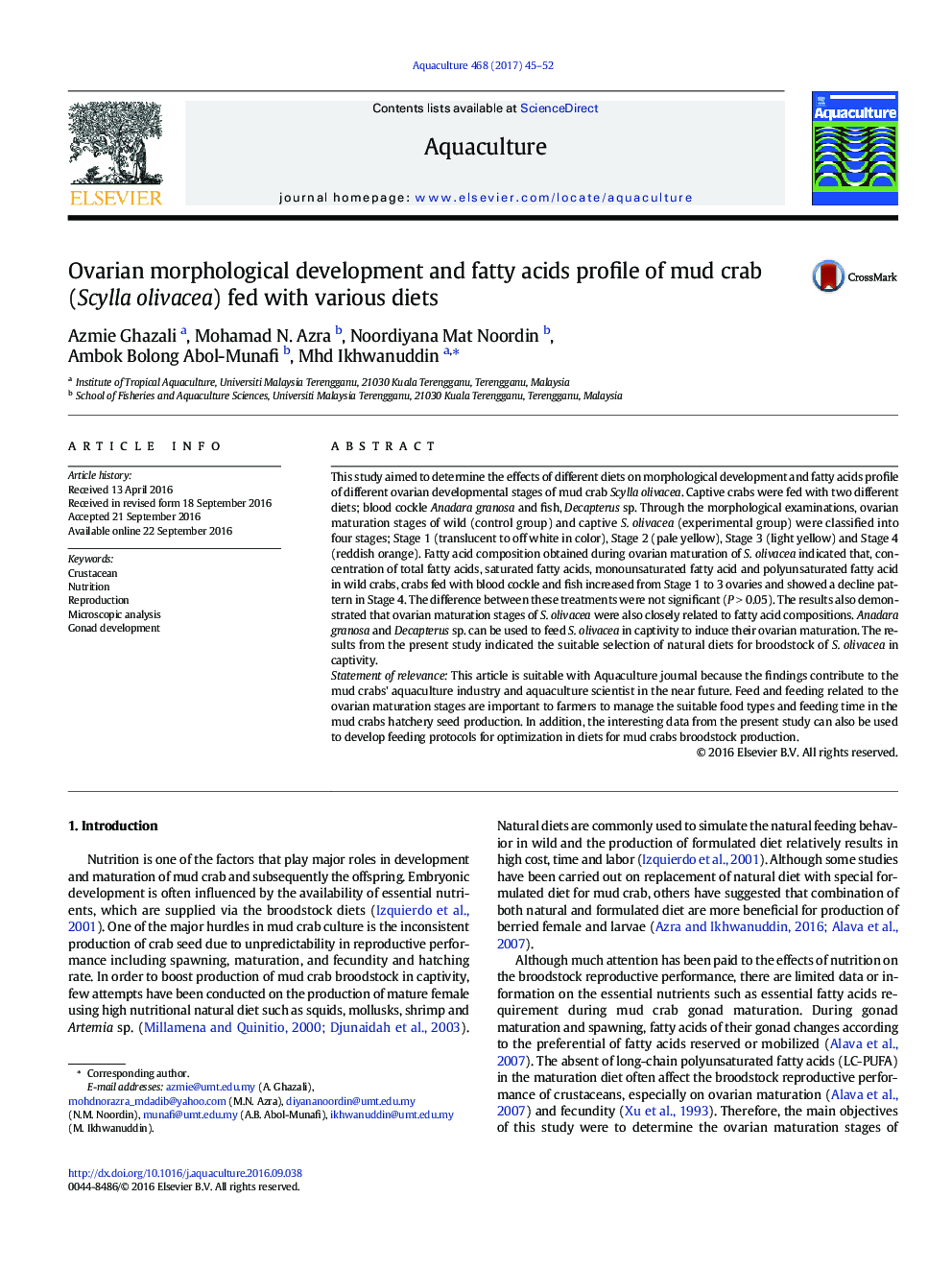 Ovarian morphological development and fatty acids profile of mud crab (Scylla olivacea) fed with various diets