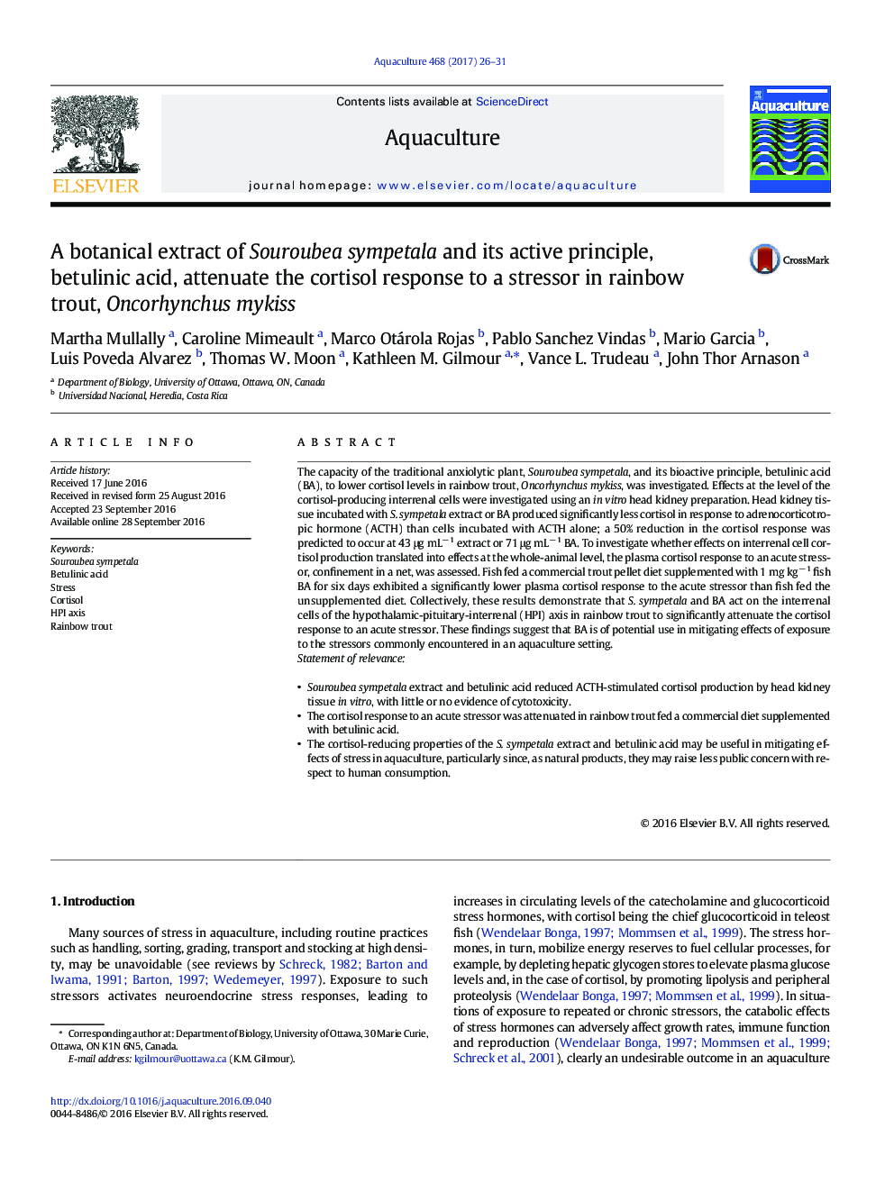 A botanical extract of Souroubea sympetala and its active principle, betulinic acid, attenuate the cortisol response to a stressor in rainbow trout, Oncorhynchus mykiss