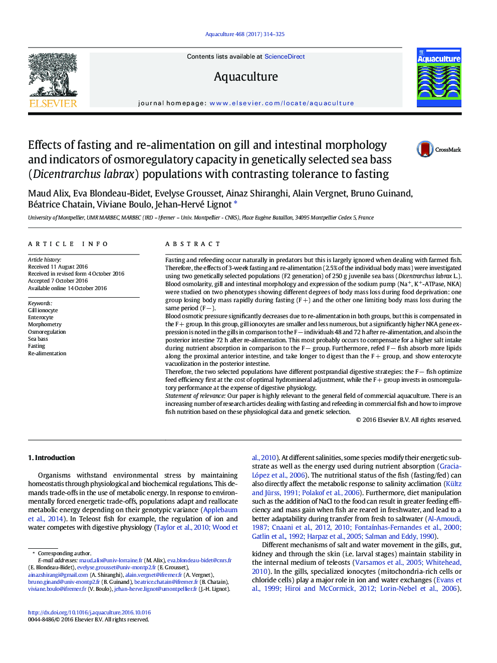 Effects of fasting and re-alimentation on gill and intestinal morphology and indicators of osmoregulatory capacity in genetically selected sea bass (Dicentrarchus labrax) populations with contrasting tolerance to fasting