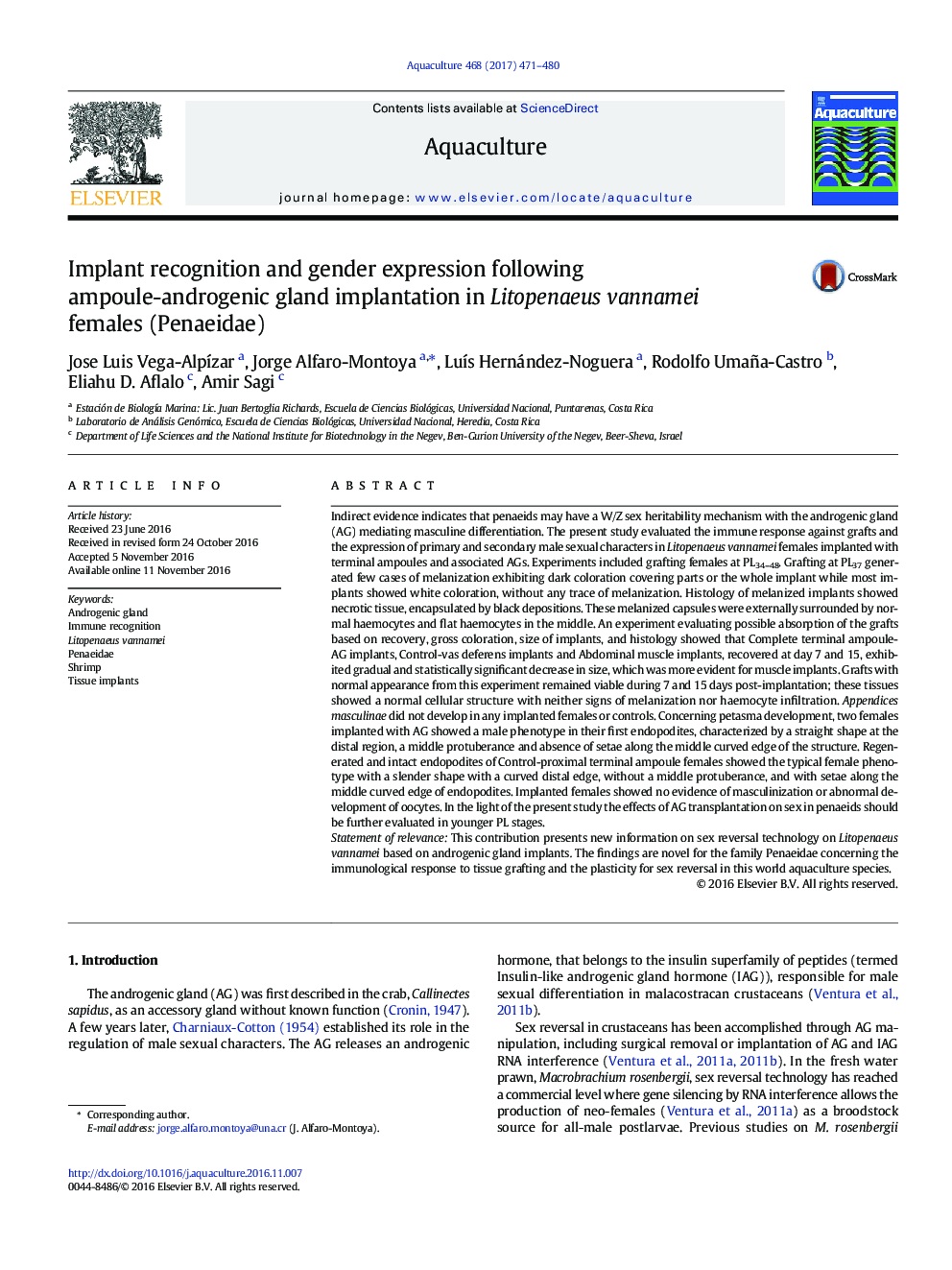 Implant recognition and gender expression following ampoule-androgenic gland implantation in Litopenaeus vannamei females (Penaeidae)