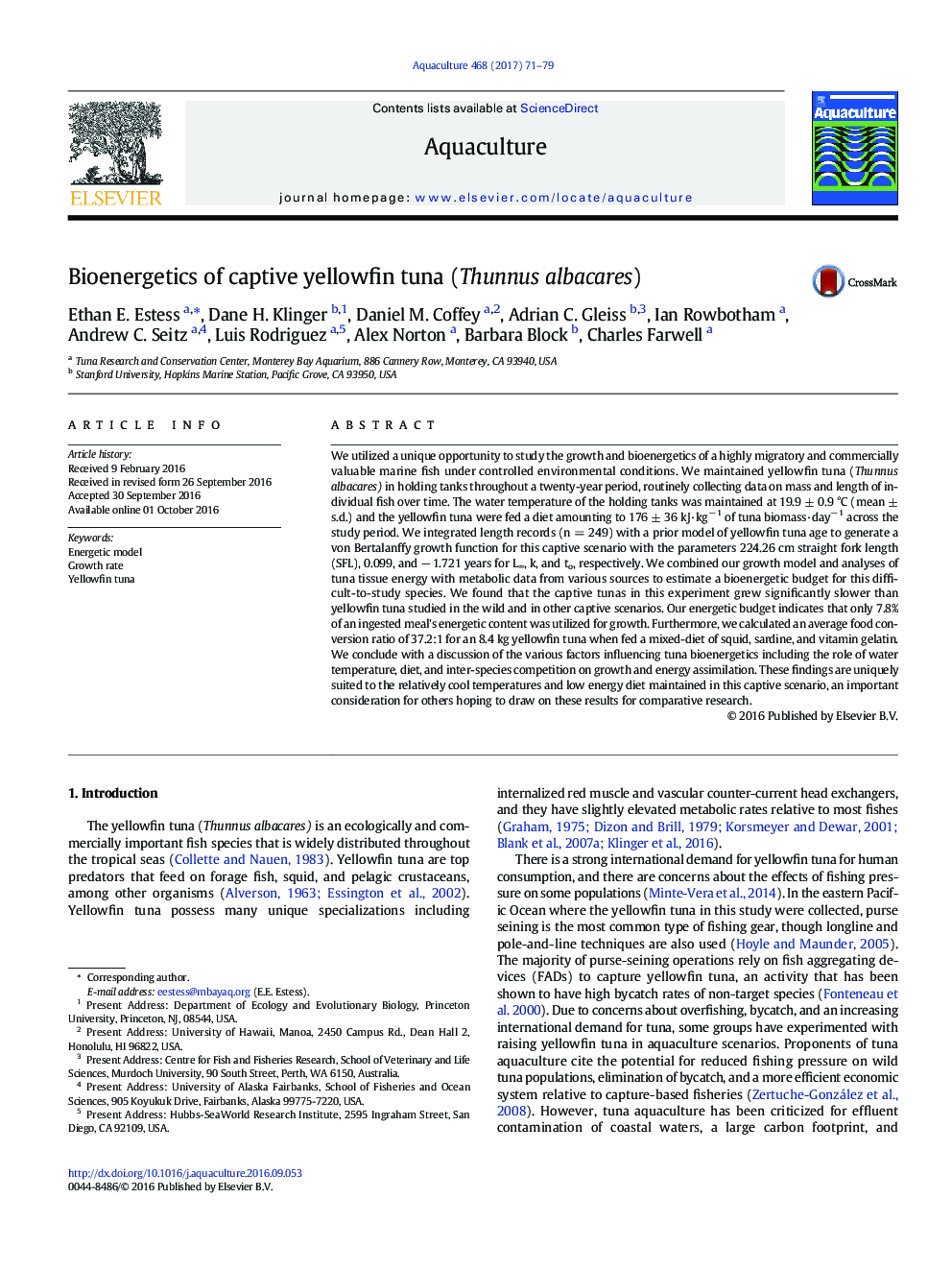 Bioenergetics of captive yellowfin tuna (Thunnus albacares)