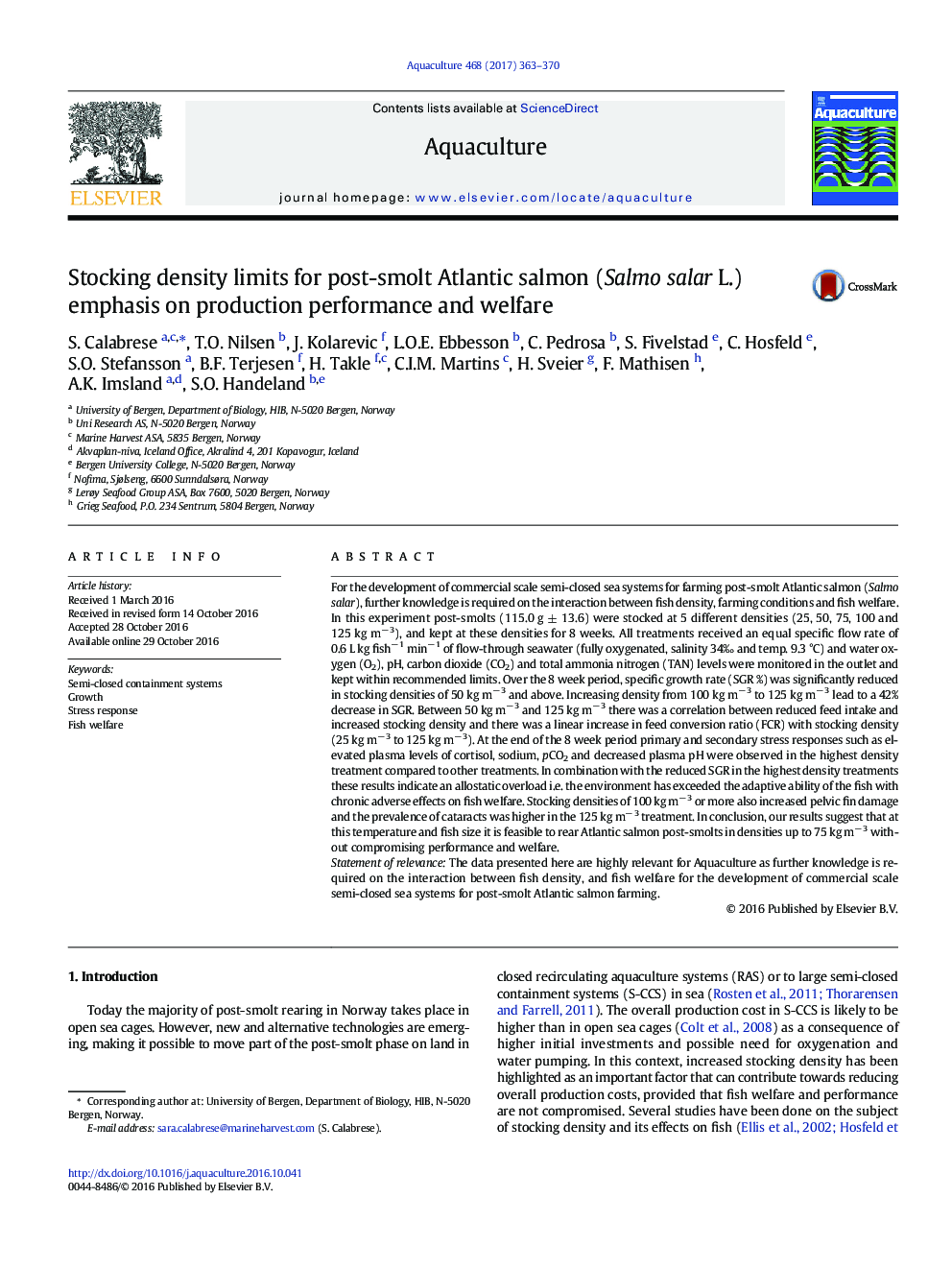 Stocking density limits for post-smolt Atlantic salmon (Salmo salar L.) with emphasis on production performance and welfare