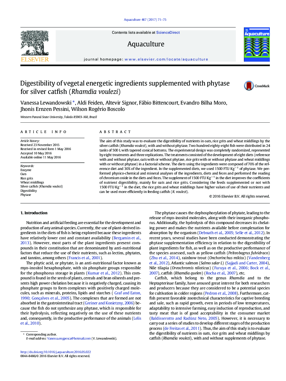 Digestibility of vegetal energetic ingredients supplemented with phytase for silver catfish (Rhamdia voulezi)